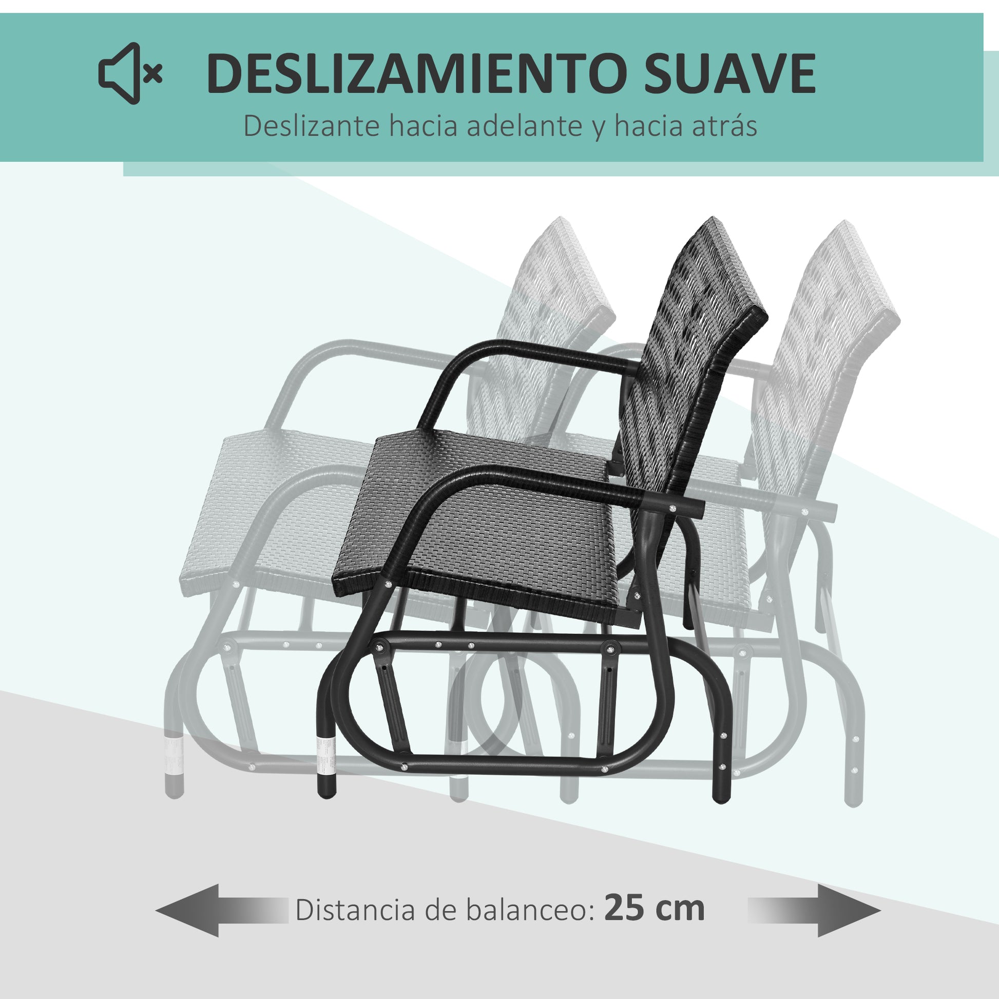 Outsunny Mecedora de Ratán de 2 Plazas Banco Balancín de Jardín con Balanceo Ergonómico y Marco de Metal para Terraza Balcón Exterior Patio Hotel Carga 220 kg 120x70x84 cm Negro