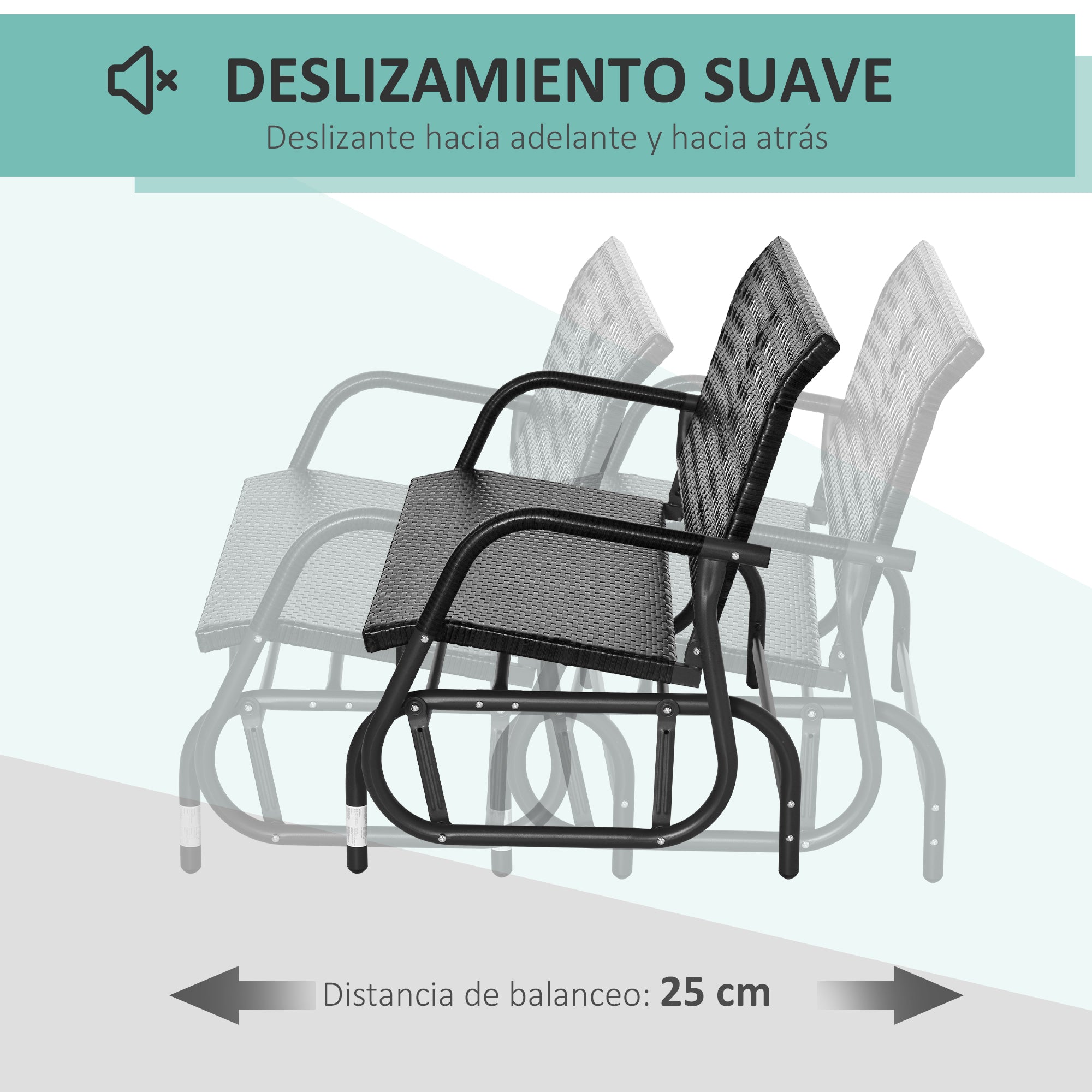 Outsunny Mecedora de Ratán de 2 Plazas Banco Balancín de Jardín con Balanceo Ergonómico y Marco de Metal para Terraza Balcón Exterior Patio Hotel Carga 220 kg 120x70x84 cm Negro