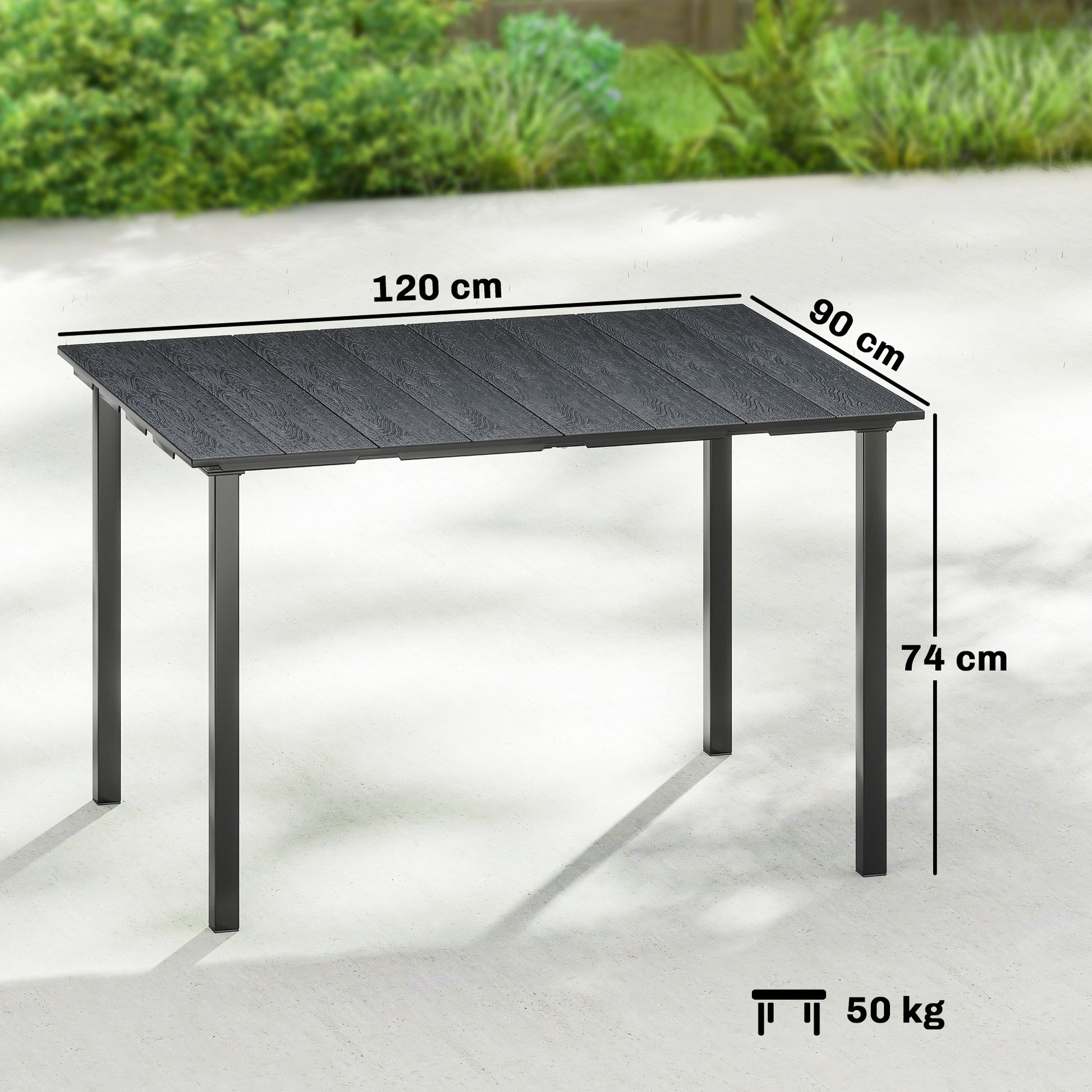 Outsunny Mesa de Comedor de Jardín Rectangular, Mesa de Terraza Exterior 120x90x74 cm, con Encimera de HDPE y Estructura Metálica, para 6 Personas, Carga 50 kg, para Patio, Balcón, Negro