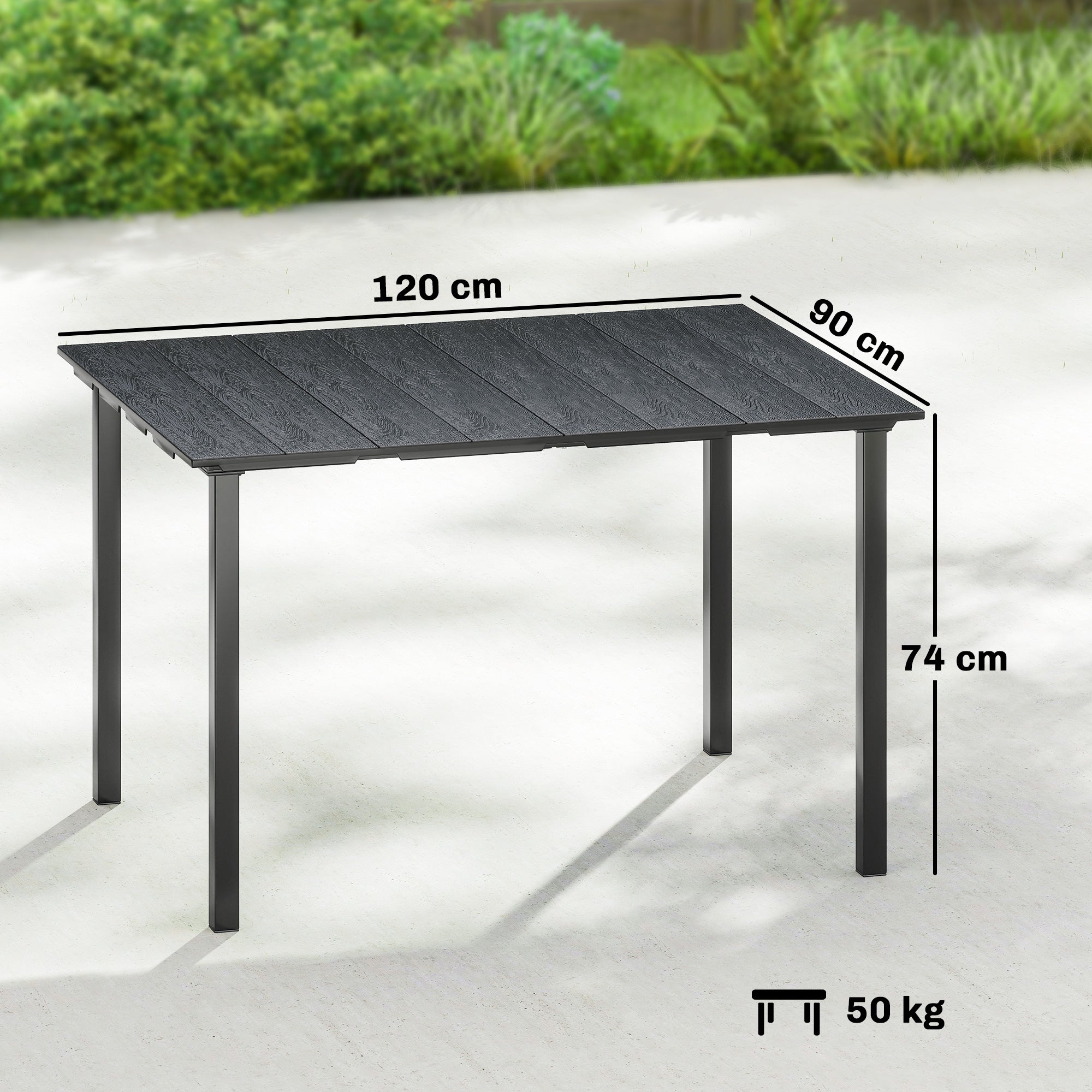 Outsunny Mesa de Comedor de Jardín Rectangular, Mesa de Terraza Exterior 120x90x74 cm, con Encimera de HDPE y Estructura Metálica, para 6 Personas, Carga 50 kg, para Patio, Balcón, Negro
