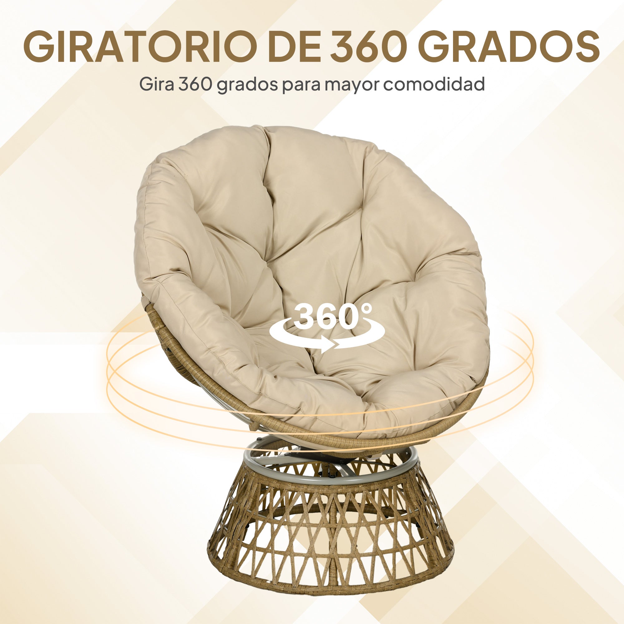 Outsunny Sillón Papasan Giratorio 360° de Ratán Sintético, Silla Redonda de Mimbre PE con Cojín y Marco de Acero, Resistente a Intemperie, Carga 120 kg, para Jardín, Terraza, 85x70x82 cm, Amarillo