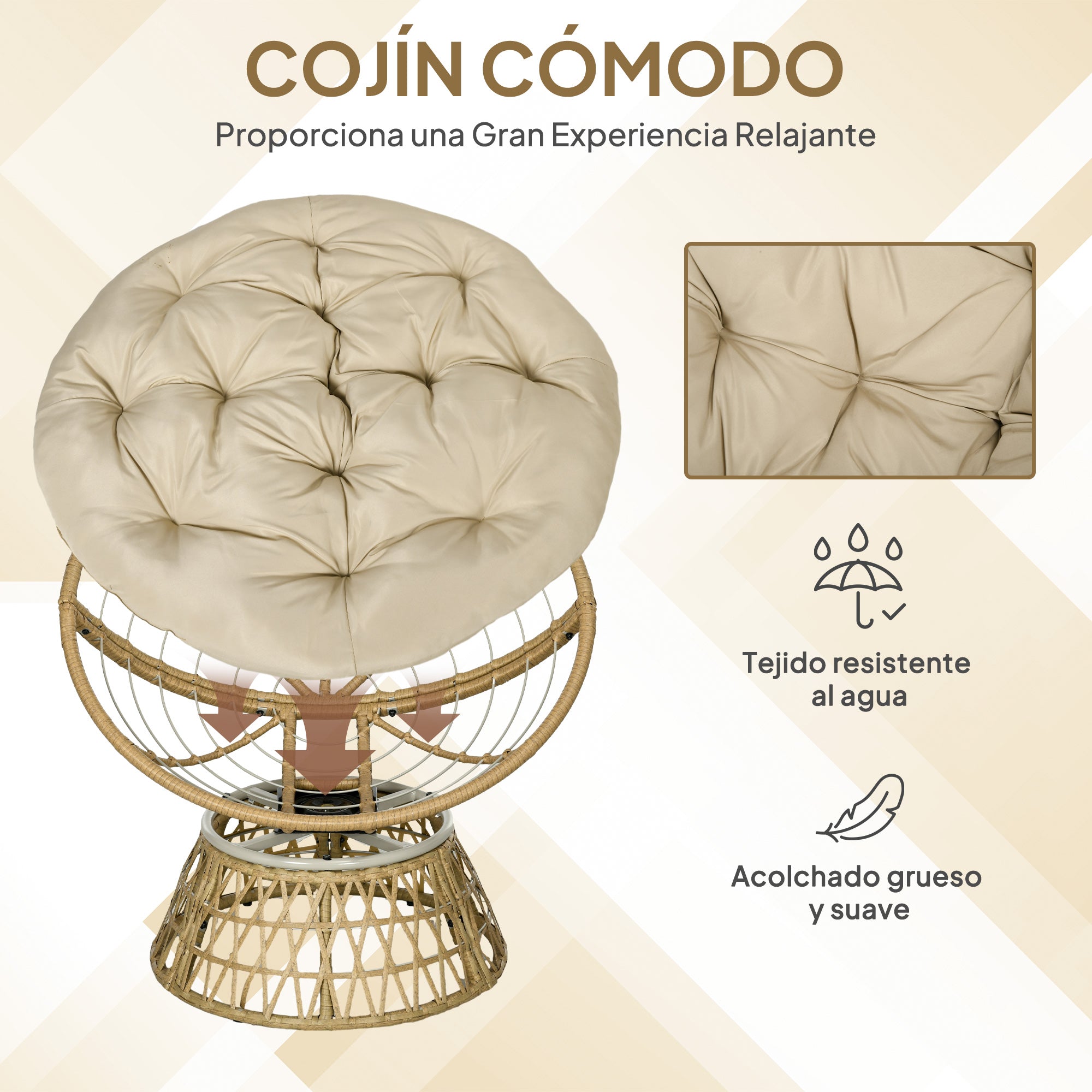 Outsunny Sillón Papasan Giratorio 360° de Ratán Sintético, Silla Redonda de Mimbre PE con Cojín y Marco de Acero, Resistente a Intemperie, Carga 120 kg, para Jardín, Terraza, 85x70x82 cm, Amarillo