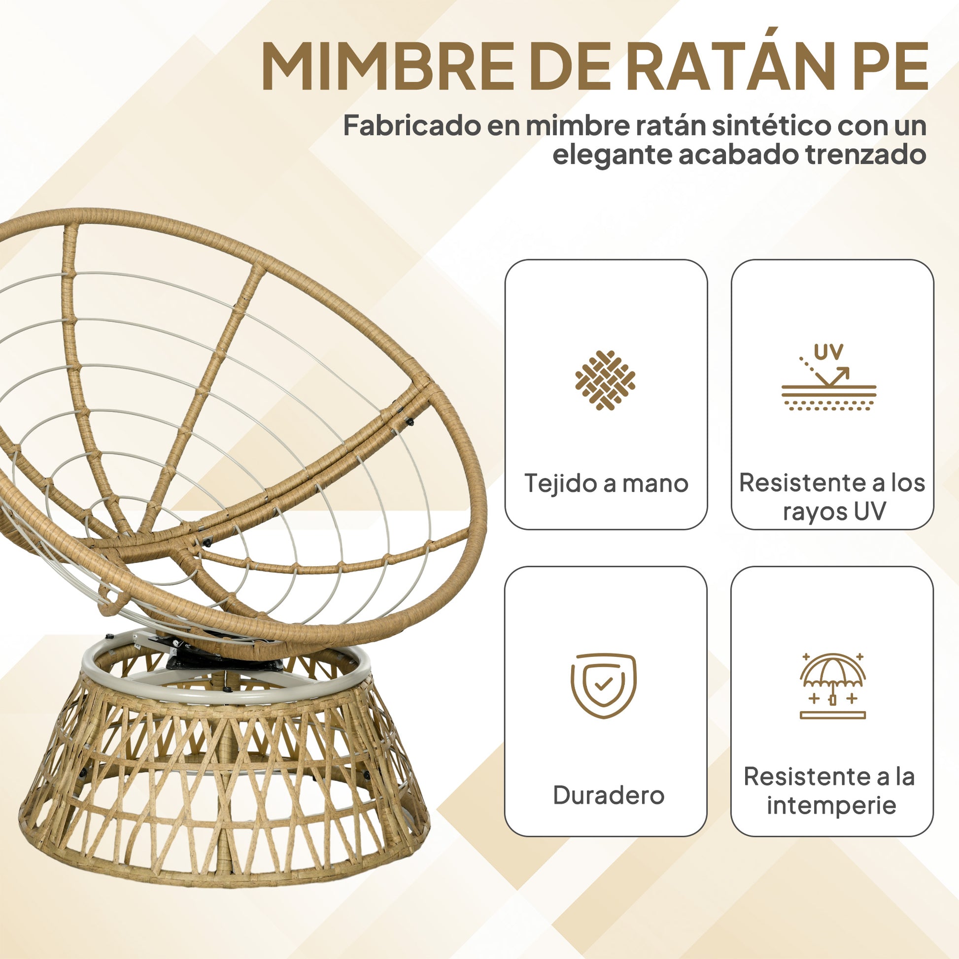 Outsunny Sillón Papasan Giratorio 360° de Ratán Sintético, Silla Redonda de Mimbre PE con Cojín y Marco de Acero, Resistente a Intemperie, Carga 120 kg, para Jardín, Terraza, 85x70x82 cm, Amarillo