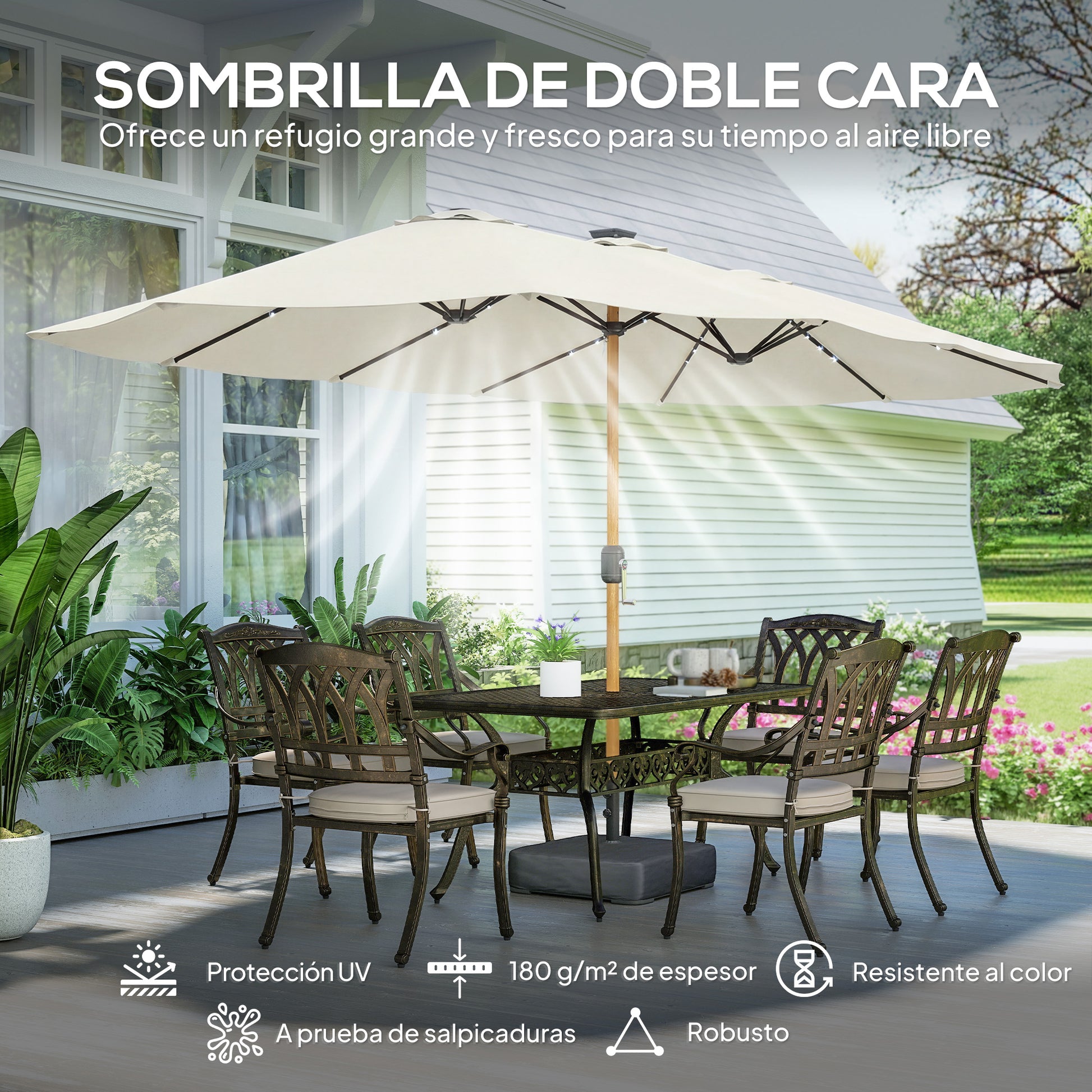Outsunny Sombrilla Doble con 48 Luces LED, 4,6x2,6 m, Sombrilla Terraza Exterior con Base Incluida, Manivela, Sacos Arena, Funda, Anti-UV, Resistente al Agua, Parasol para Jardín, Terraza, Crema