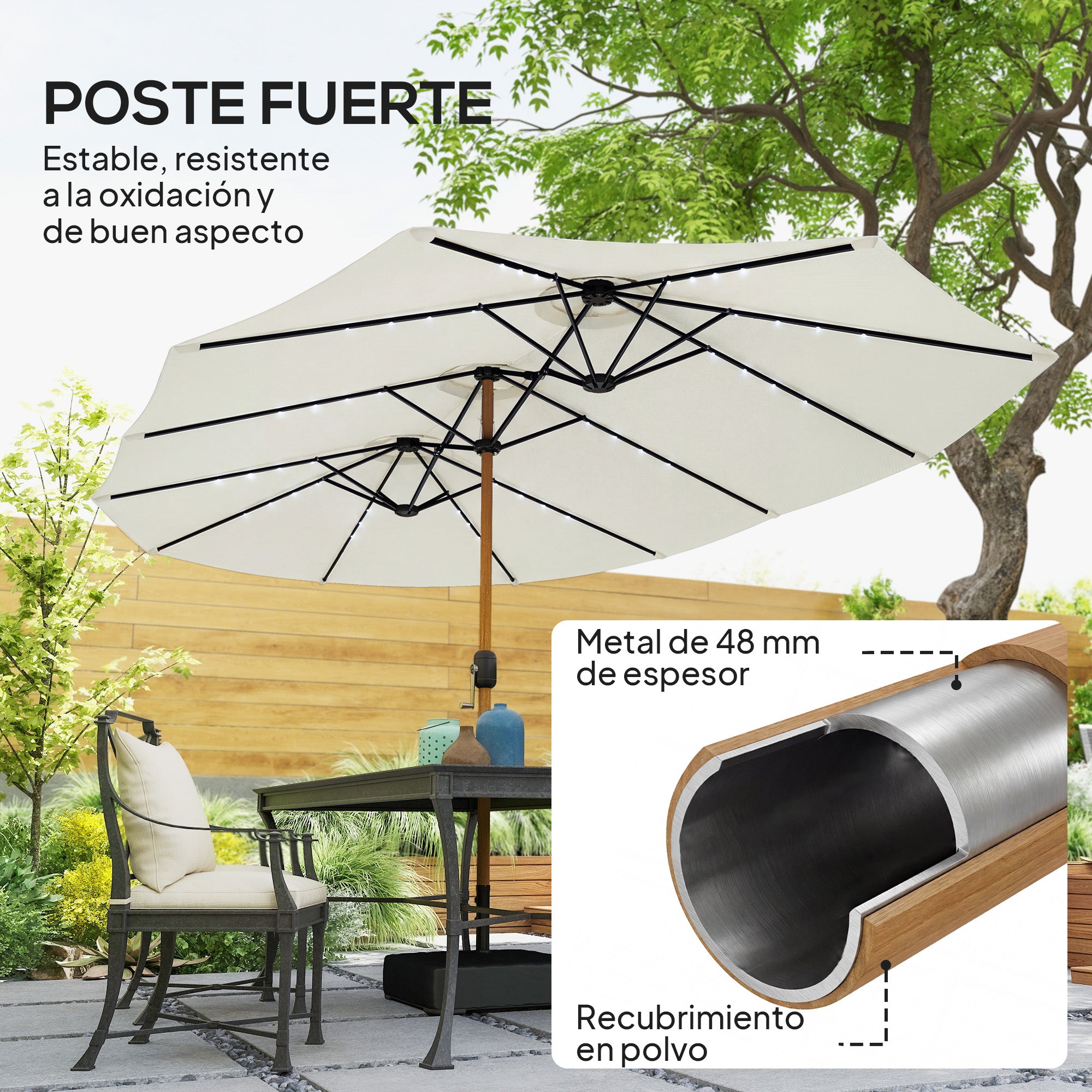 Outsunny Sombrilla Doble con 48 Luces LED, 4,6x2,6 m, Sombrilla Terraza Exterior con Base Incluida, Manivela, Sacos Arena, Funda, Anti-UV, Resistente al Agua, Parasol para Jardín, Terraza, Crema