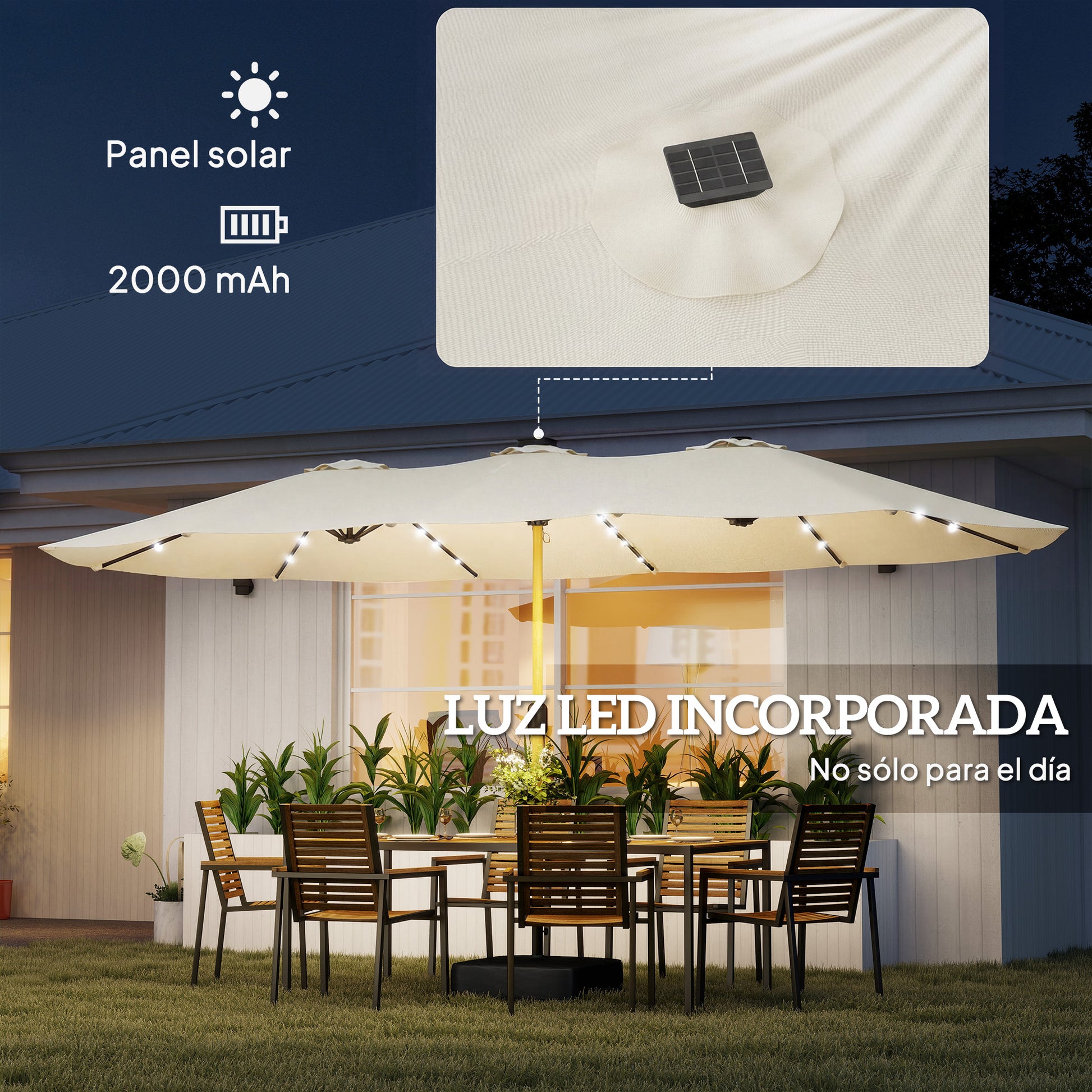 Outsunny Sombrilla Doble con 48 Luces LED, 4,6x2,6 m, Sombrilla Terraza Exterior con Base Incluida, Manivela, Sacos Arena, Funda, Anti-UV, Resistente al Agua, Parasol para Jardín, Terraza, Crema