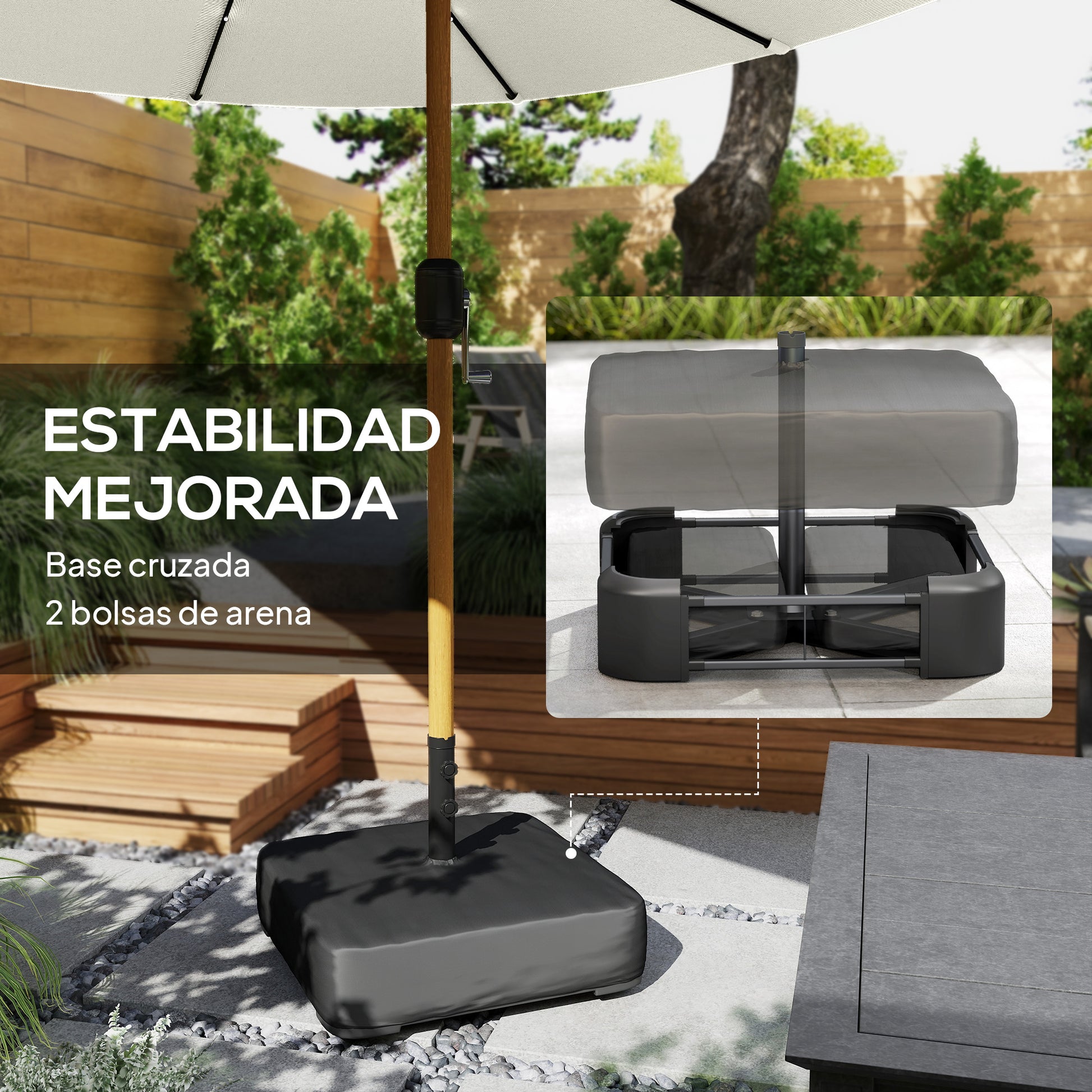 Outsunny Sombrilla Doble con 48 Luces LED, 4,6x2,6 m, Sombrilla Terraza Exterior con Base Incluida, Manivela, Sacos Arena, Funda, Anti-UV, Resistente al Agua, Parasol para Jardín, Terraza, Crema