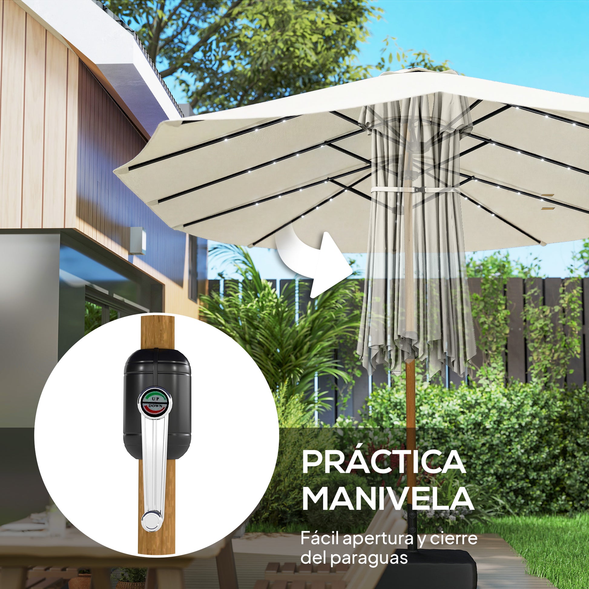 Outsunny Sombrilla Doble con 48 Luces LED, 4,6x2,6 m, Sombrilla Terraza Exterior con Base Incluida, Manivela, Sacos Arena, Funda, Anti-UV, Resistente al Agua, Parasol para Jardín, Terraza, Crema