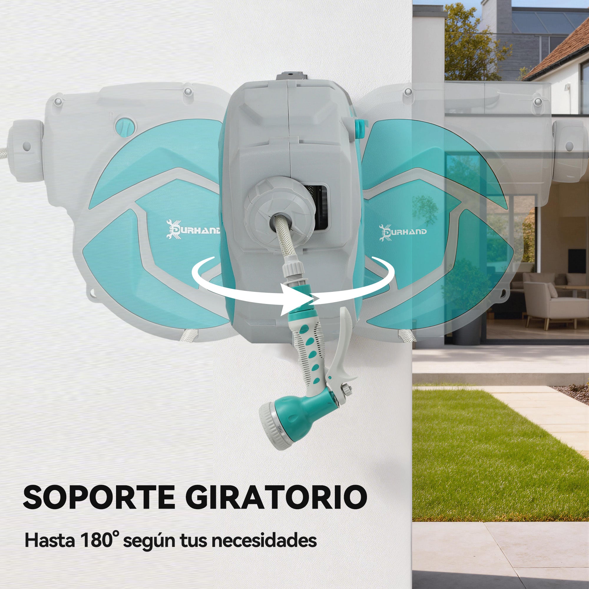 DURHAND Enrollador de Manguera para Jardín 10+1 m con Boquilla de 7 Funciones, Carrete de Manguera de Jardín de Pared, Giratorio 180°, con Retorno Enrollado Automático, Gris Claro y Verde