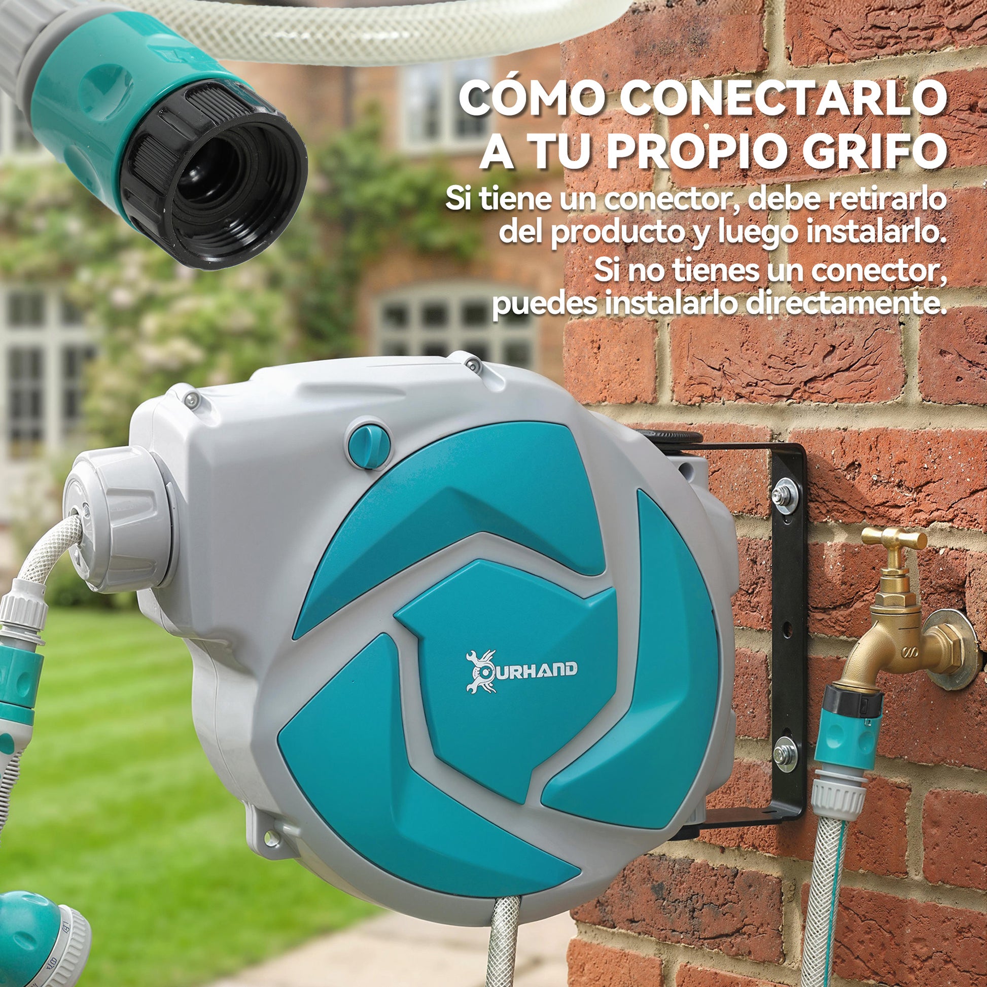 DURHAND Enrollador de Manguera para Jardín 10+1 m con Boquilla de 7 Funciones, Carrete de Manguera de Jardín de Pared, Giratorio 180°, con Retorno Enrollado Automático, Gris Claro y Verde