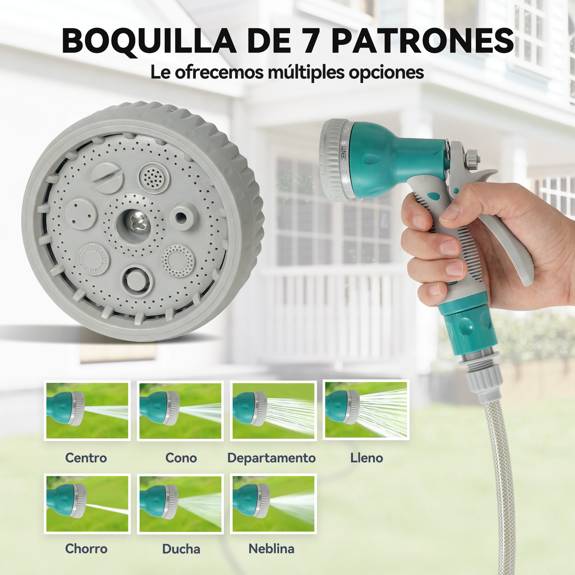 DURHAND Enrollador de Manguera para Jardín 10+1 m con Boquilla de 7 Funciones, Carrete de Manguera de Jardín de Pared, Giratorio 180°, con Retorno Enrollado Automático, Gris Claro y Verde