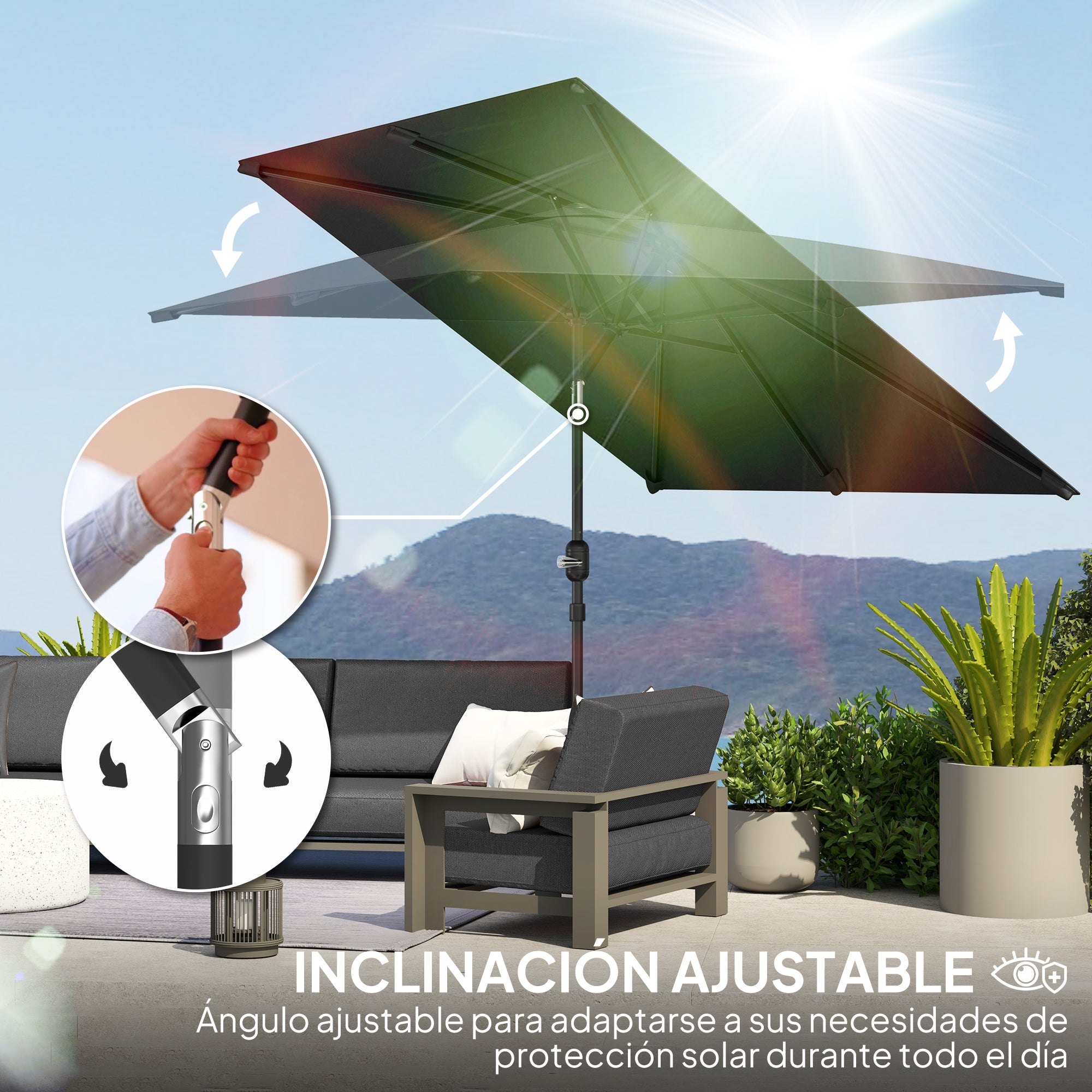 Outsunny Sombrilla de Terraza Exterior, 198x294 cm, Parasol de Terraza Exterior con Ángulo Ajustable, Manivela, Mástil de Aluminio Desmontable y Anti-UV, Sombrilla para Jardín, Patio, Gris Oscuro