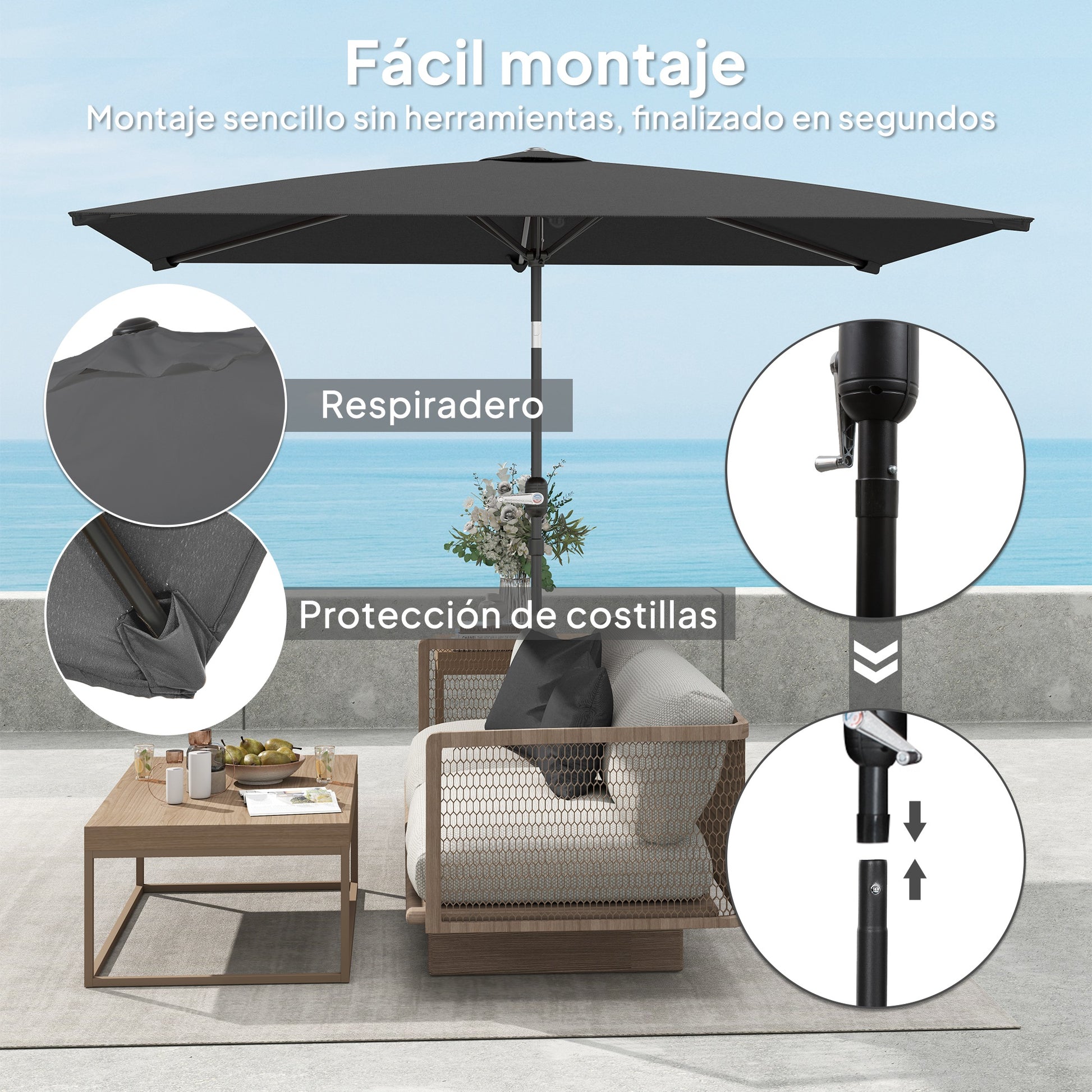 Outsunny Sombrilla de Terraza Exterior, 198x294 cm, Parasol de Terraza Exterior con Ángulo Ajustable, Manivela, Mástil de Aluminio Desmontable y Anti-UV, Sombrilla para Jardín, Patio, Gris Oscuro
