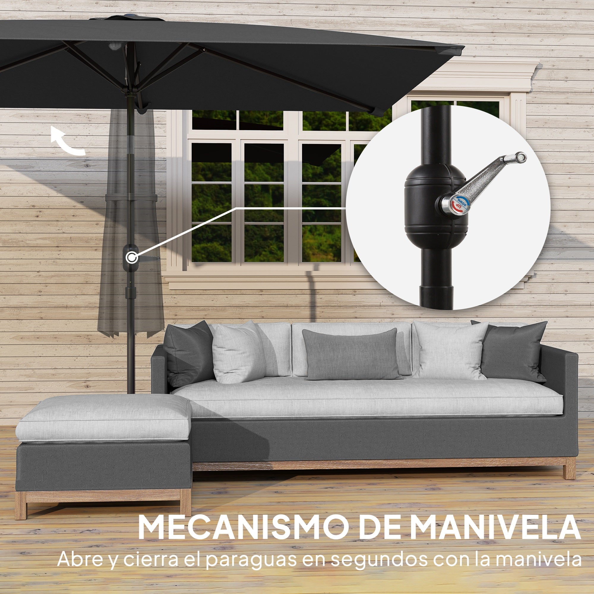 Outsunny Sombrilla de Terraza Exterior, 198x294 cm, Parasol de Terraza Exterior con Ángulo Ajustable, Manivela, Mástil de Aluminio Desmontable y Anti-UV, Sombrilla para Jardín, Patio, Gris Oscuro