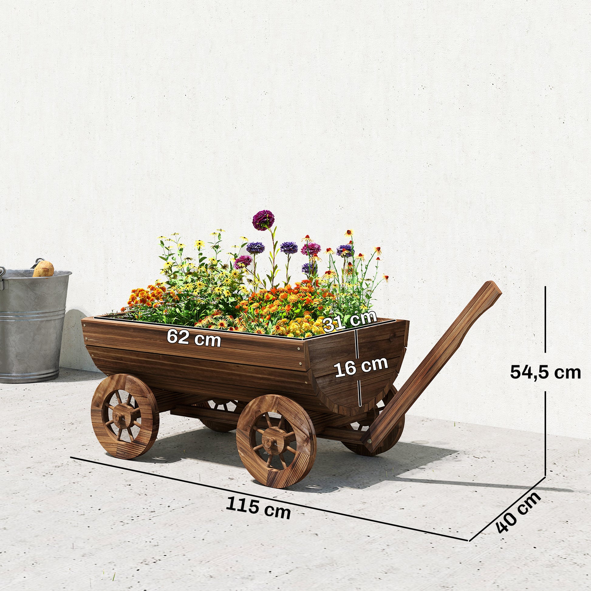 Outsunny Carrito de Madera Decorativa con 4 Ruedas y Mango, Jardinera Exterior Móvil con Orificio de Drenaje, Macetero Exterior para Cultivos, Plantas, Jardín, Terraza, 115x40x54,5 cm, Carbonizado