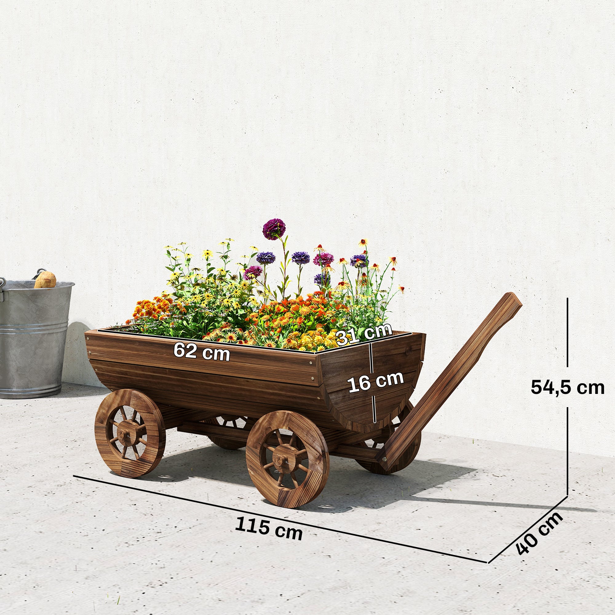 Outsunny Carrito de Madera Decorativa con 4 Ruedas y Mango, Jardinera Exterior Móvil con Orificio de Drenaje, Macetero Exterior para Cultivos, Plantas, Jardín, Terraza, 115x40x54,5 cm, Carbonizado
