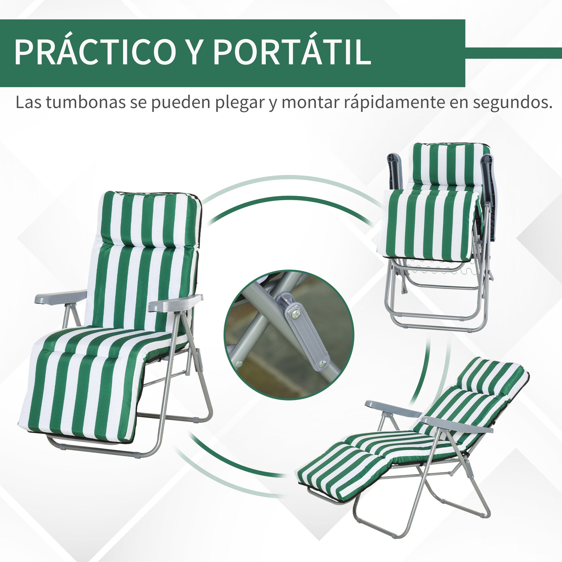 Outsunny Pack de 2 Tumbonas Plegables Tumbonas de Jardín Exterior con Cojín Acolchado, Respaldo Ajustable en 5 Posiciones, Reposapiés y Marco de Acero, 60x75x65-102 cm, Rayas Verde