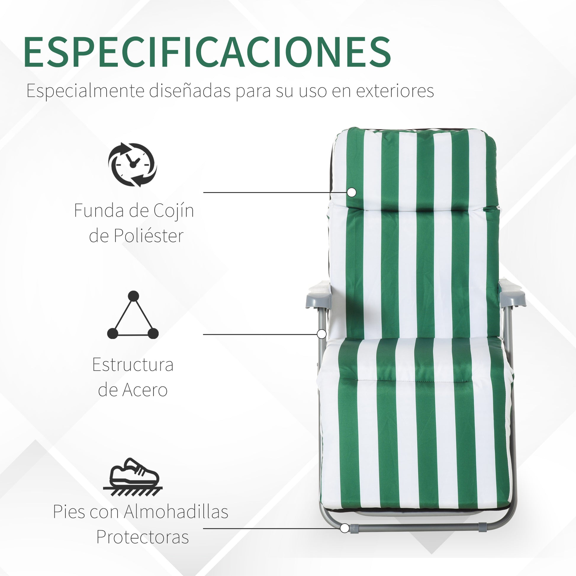 Outsunny Pack de 2 Tumbonas Plegables Tumbonas de Jardín Exterior con Cojín Acolchado, Respaldo Ajustable en 5 Posiciones, Reposapiés y Marco de Acero, 60x75x65-102 cm, Rayas Verde