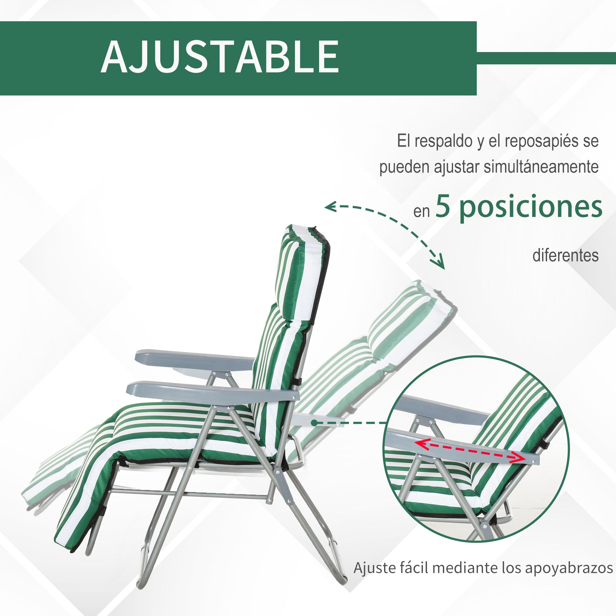 Outsunny Pack de 2 Tumbonas Plegables Tumbonas de Jardín Exterior con Cojín Acolchado, Respaldo Ajustable en 5 Posiciones, Reposapiés y Marco de Acero, 60x75x65-102 cm, Rayas Verde