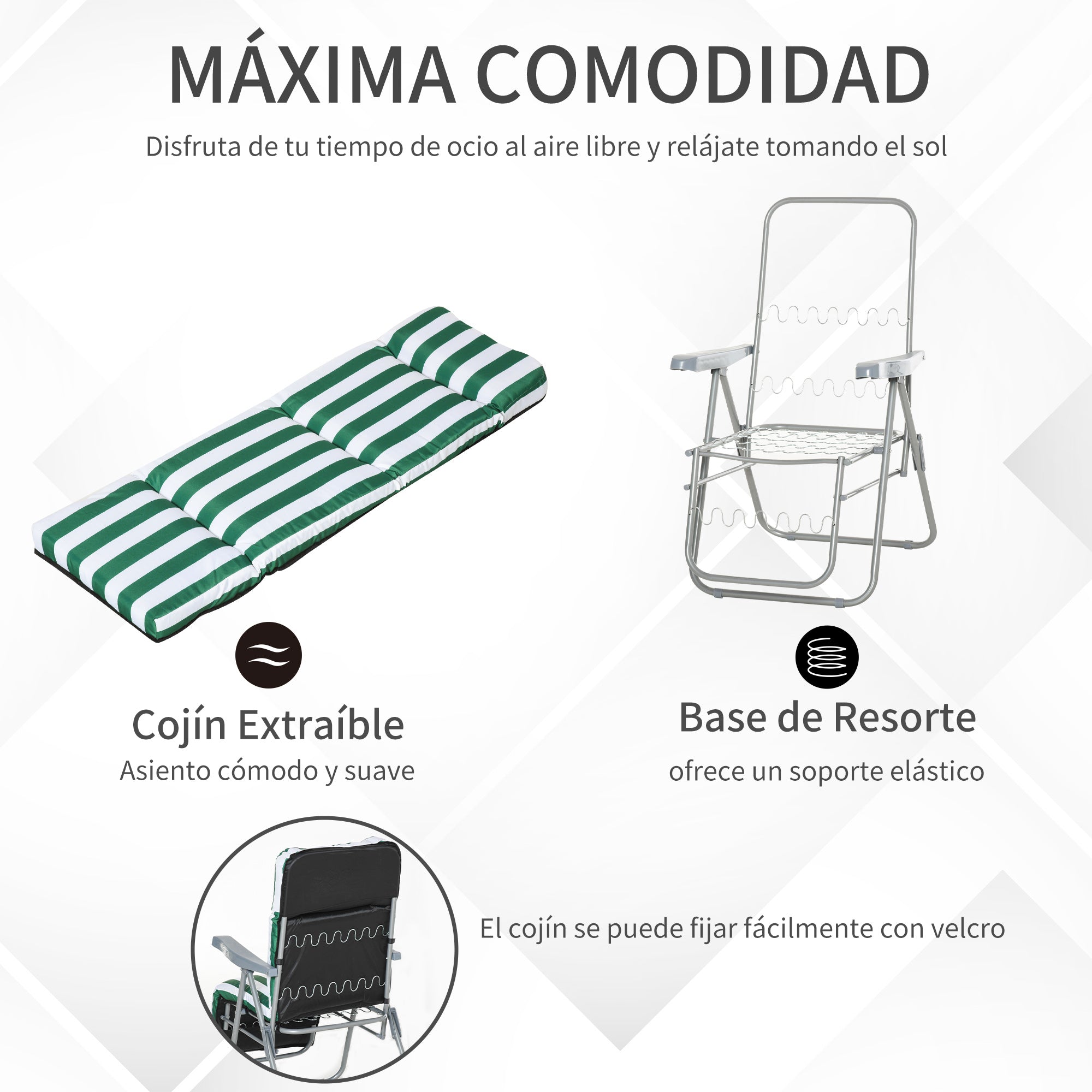 Outsunny Pack de 2 Tumbonas Plegables Tumbonas de Jardín Exterior con Cojín Acolchado, Respaldo Ajustable en 5 Posiciones, Reposapiés y Marco de Acero, 60x75x65-102 cm, Rayas Verde