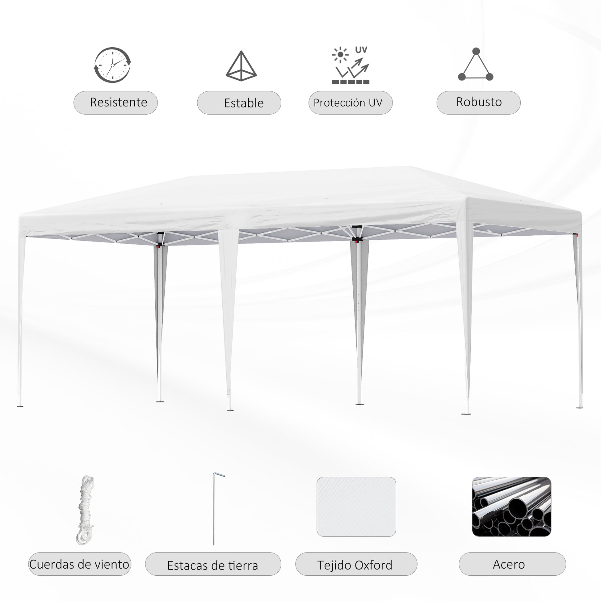 Outsunny Carpa Plegable 6x3 m Cenador de Jardín Gazebo con Altura Ajustable en 3 Niveles Bolsa de Transporte Marco de Acero Anti-UV para Patio Fiestas Camping Blanco