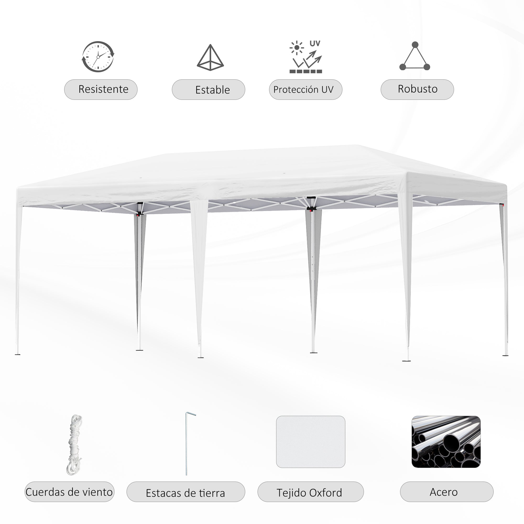 Outsunny Carpa Plegable 6x3 m Cenador de Jardín Gazebo con Altura Ajustable en 3 Niveles Bolsa de Transporte Marco de Acero Anti-UV para Patio Fiestas Camping Blanco