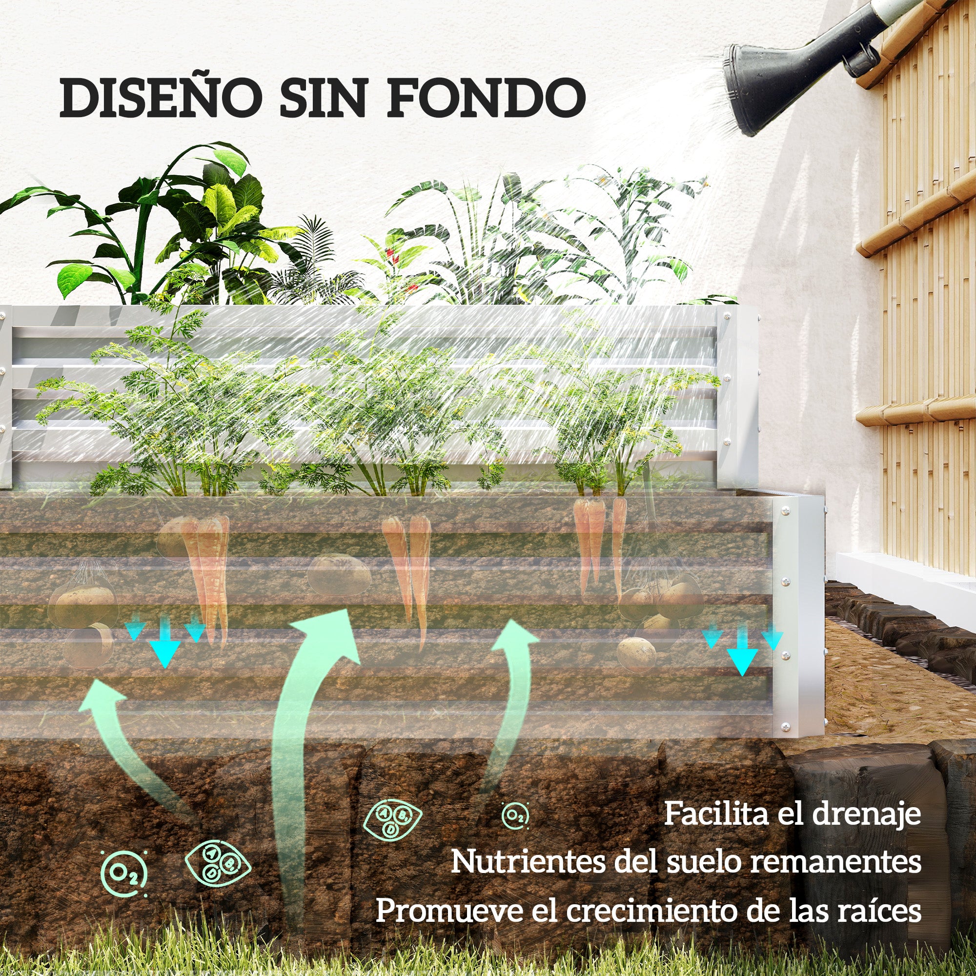 Outsunny Huerto Urbano de 2 Niveles de Acero Galvanizado, Jardinera Exterior con Diseño de Escalera y Fondo Abierto para Cultivos, Plantas, Herbaria, para Terraza, Jardín, 120x101x58 cm, Plateado