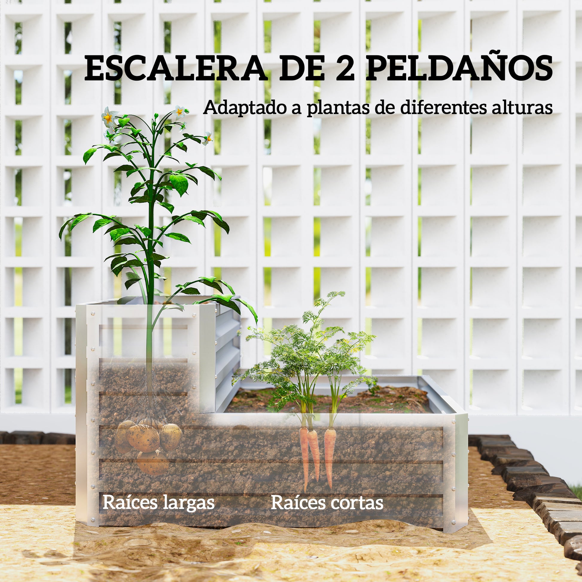 Outsunny Huerto Urbano de 2 Niveles de Acero Galvanizado, Jardinera Exterior con Diseño de Escalera y Fondo Abierto para Cultivos, Plantas, Herbaria, para Terraza, Jardín, 120x101x58 cm, Plateado