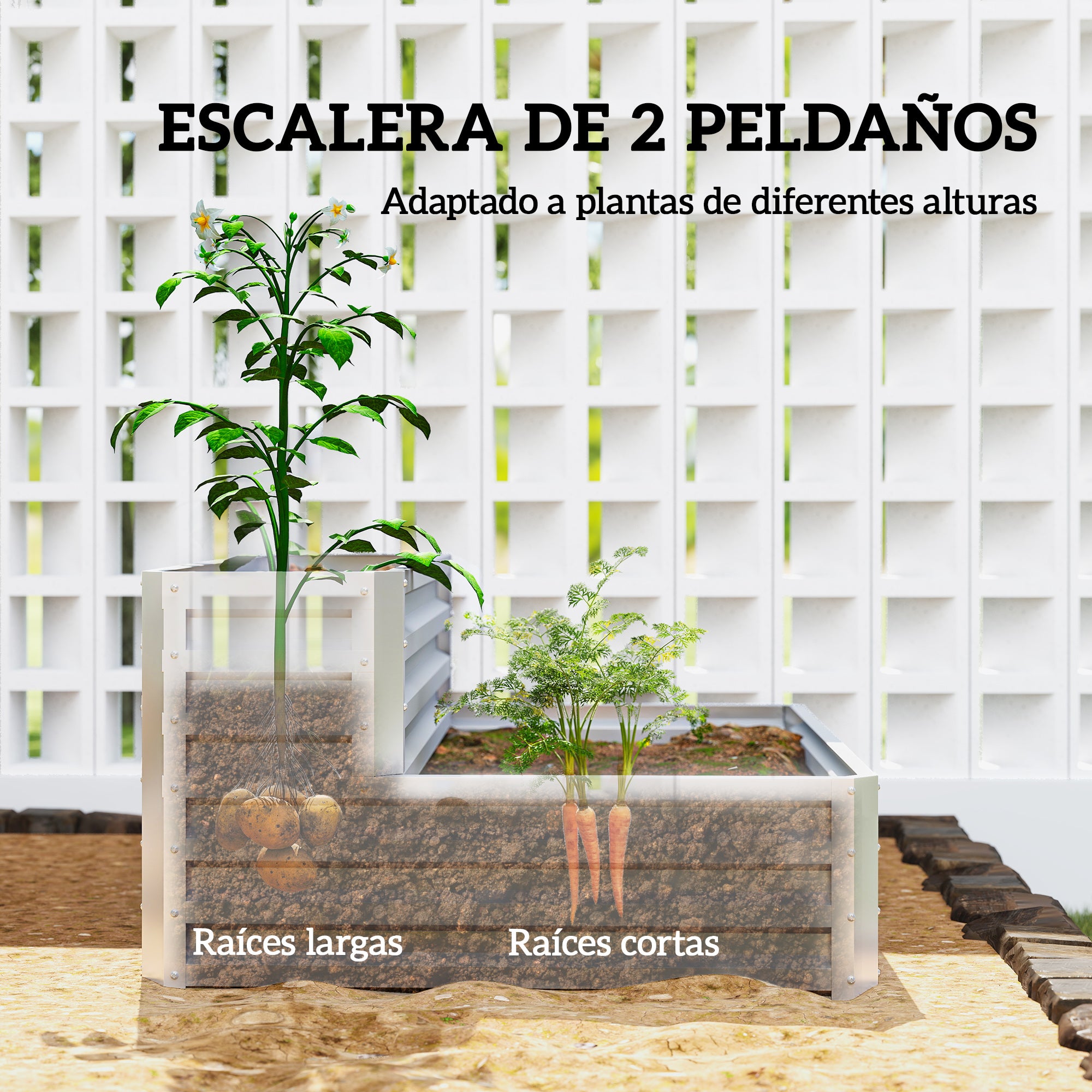 Outsunny Huerto Urbano de 2 Niveles de Acero Galvanizado, Jardinera Exterior con Diseño de Escalera y Fondo Abierto para Cultivos, Plantas, Herbaria, para Terraza, Jardín, 120x101x58 cm, Plateado