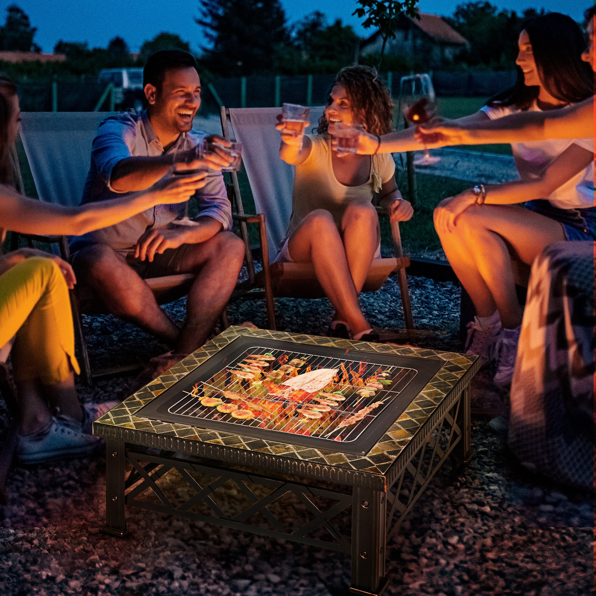 Outsunny Brasero Exterior Calentador de Fuego 76x76x47 cm Multifuncional 3 en 1 Cuadrada Nuevo Estilo Cubo de Hielo para Calefacción Barbacoa Terraza Jardín Negro