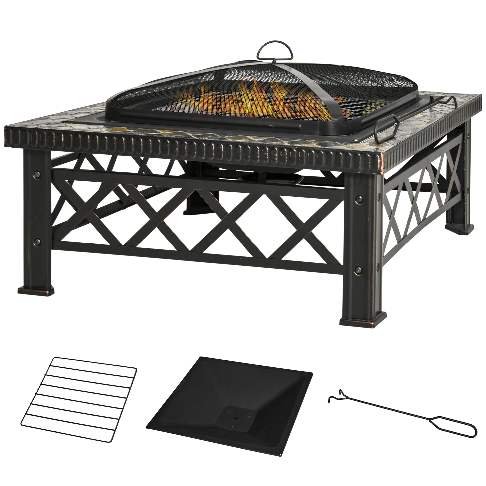 Outsunny Brasero Exterior Calentador de Fuego 76x76x47 cm Multifuncional 3 en 1 Cuadrada Nuevo Estilo Cubo de Hielo para Calefacción Barbacoa Terraza Jardín Negro