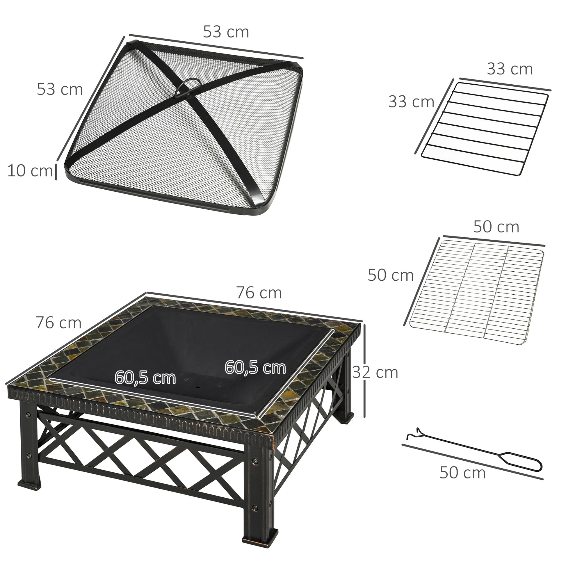 Outsunny Brasero Exterior Calentador de Fuego 76x76x47 cm Multifuncional 3 en 1 Cuadrada Nuevo Estilo Cubo de Hielo para Calefacción Barbacoa Terraza Jardín Negro