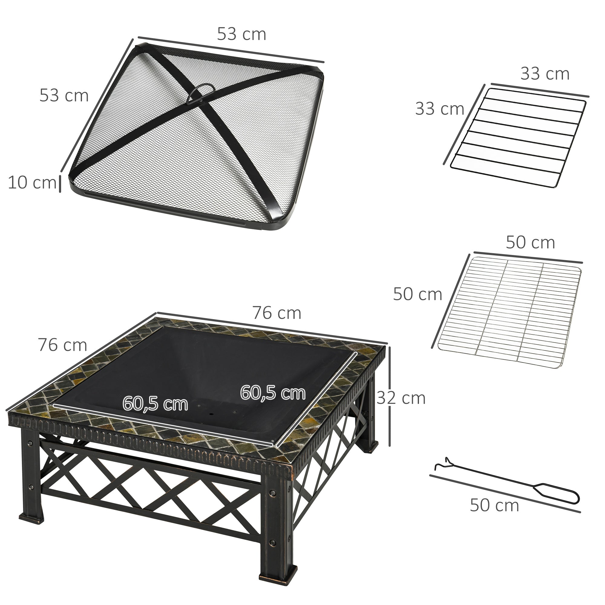 Outsunny Brasero Exterior Calentador de Fuego 76x76x47 cm Multifuncional 3 en 1 Cuadrada Nuevo Estilo Cubo de Hielo para Calefacción Barbacoa Terraza Jardín Negro
