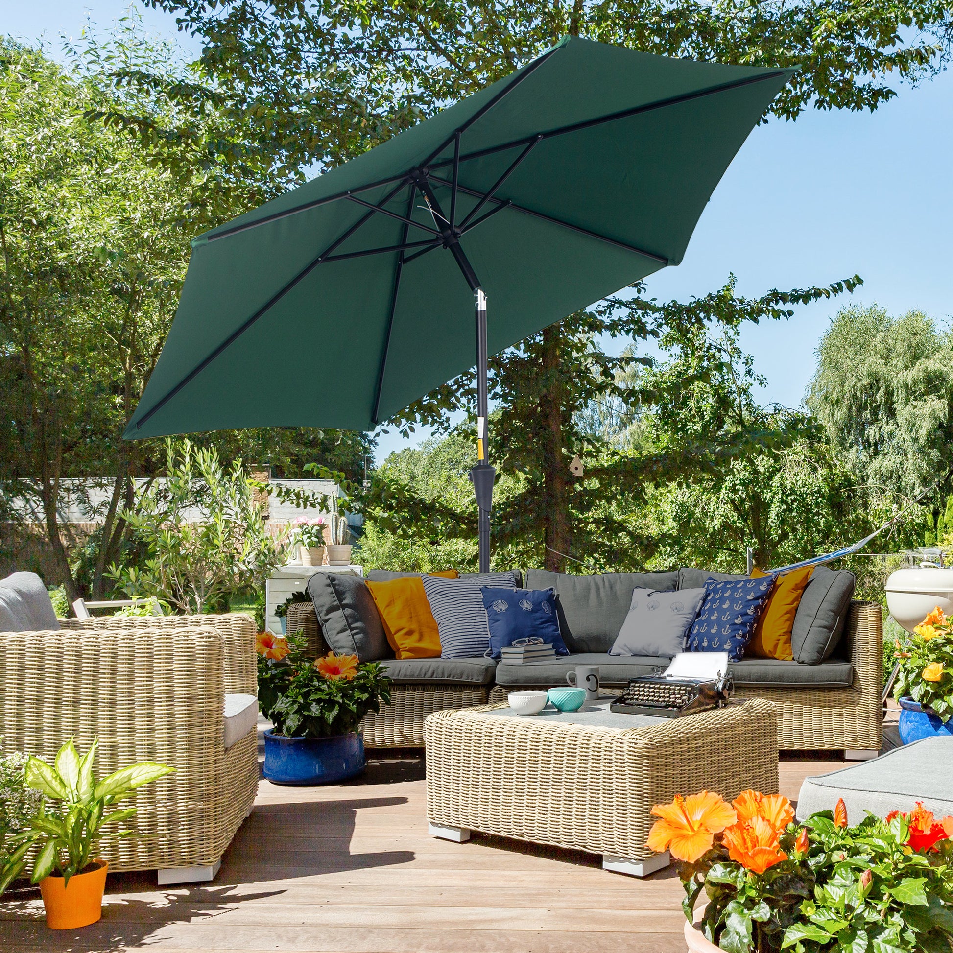 Outsunny Sombrilla para Jardín de Aluminio Ø260x235 cm Parasol de Jardín Reclinable con Manivela y 6 Varillas de Metal para Terraza Exterior Balcón Verde
