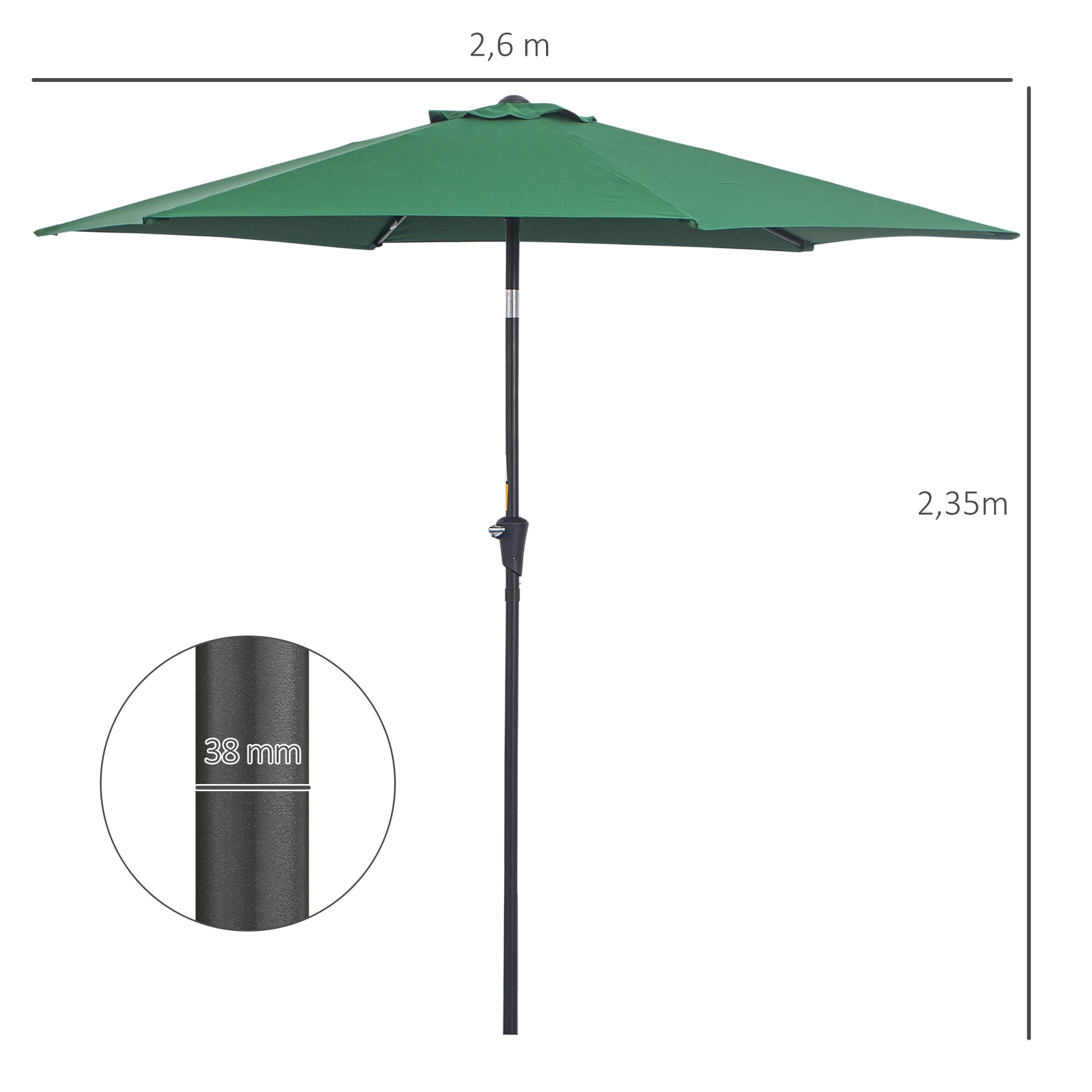 Outsunny Sombrilla para Jardín de Aluminio Ø260x235 cm Parasol de Jardín Reclinable con Manivela y 6 Varillas de Metal para Terraza Exterior Balcón Verde