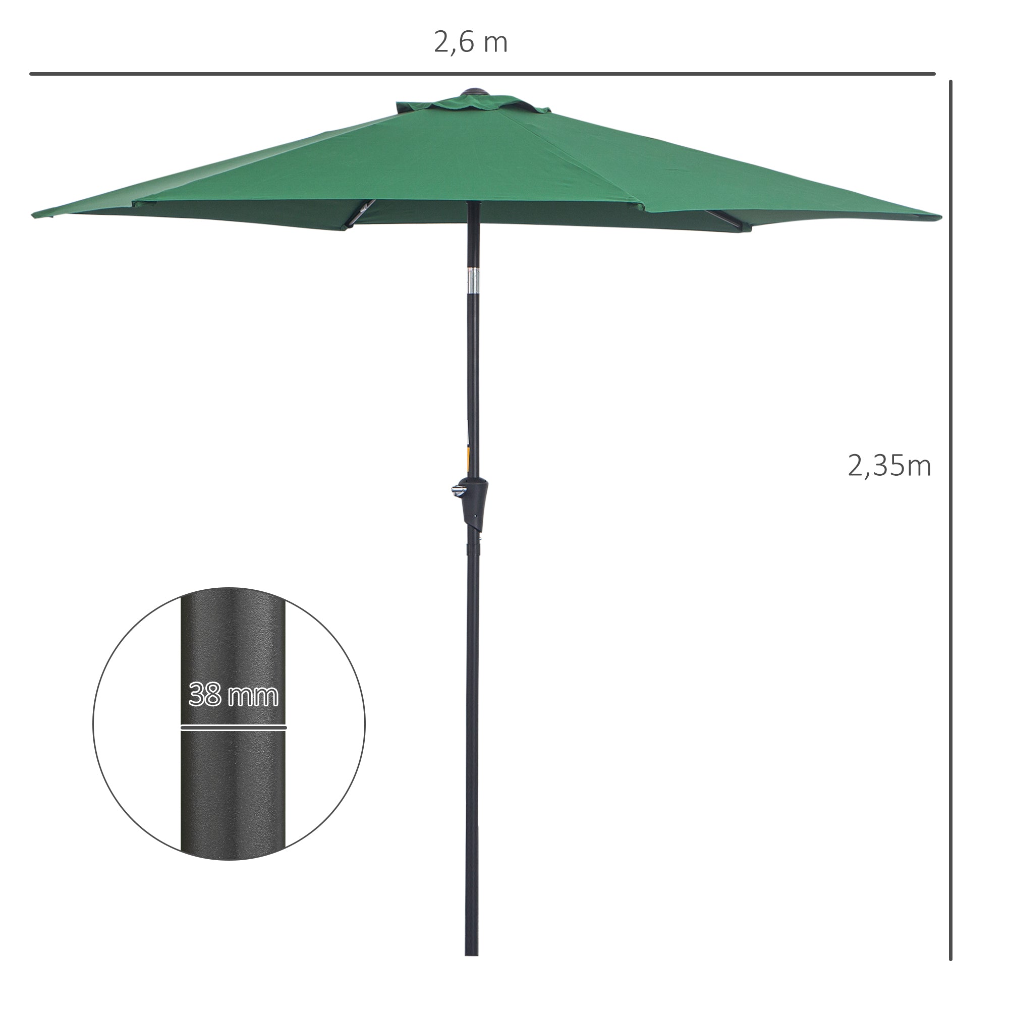 Outsunny Sombrilla para Jardín de Aluminio Ø260x235 cm Parasol de Jardín Reclinable con Manivela y 6 Varillas de Metal para Terraza Exterior Balcón Verde