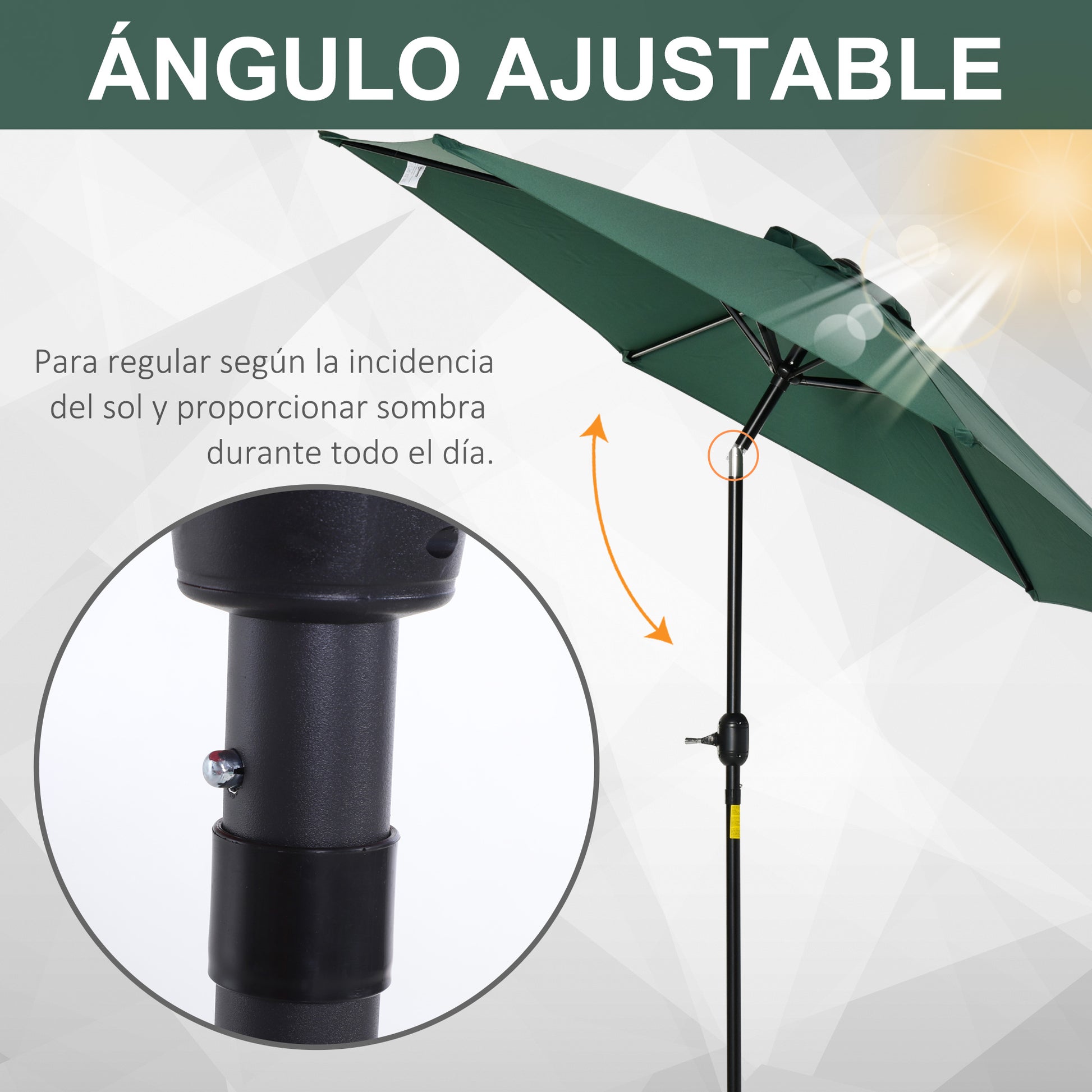Outsunny Sombrilla para Jardín de Aluminio Ø260x235 cm Parasol de Jardín Reclinable con Manivela y 6 Varillas de Metal para Terraza Exterior Balcón Verde