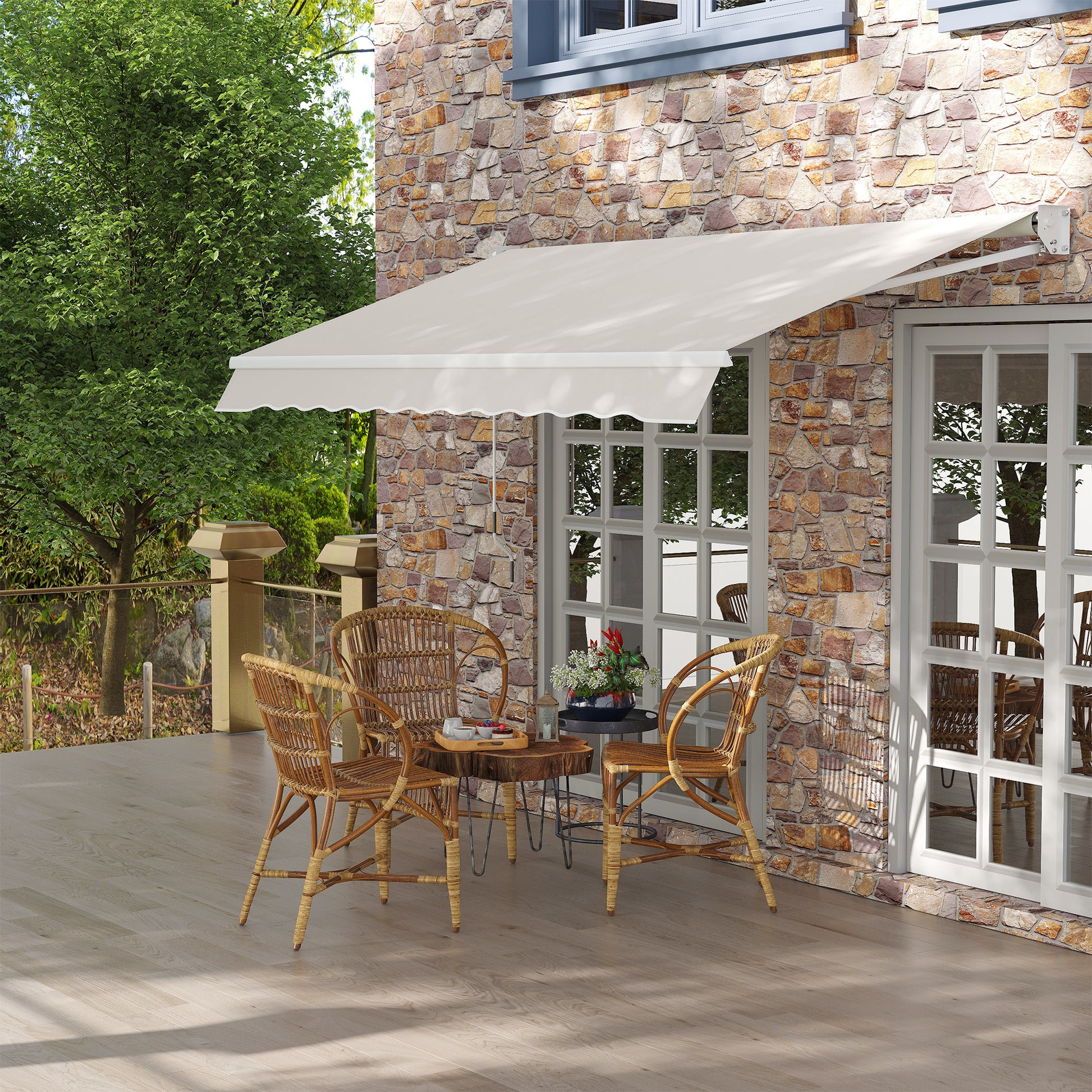 Outsunny Toldo Manual Retráctil 200x250 cm Toldo para Balcón con Manivela de Metal Impermeable y Anti-UV Toldo Enrollable de Exterior para Jardín Terraza Ventanas Crema