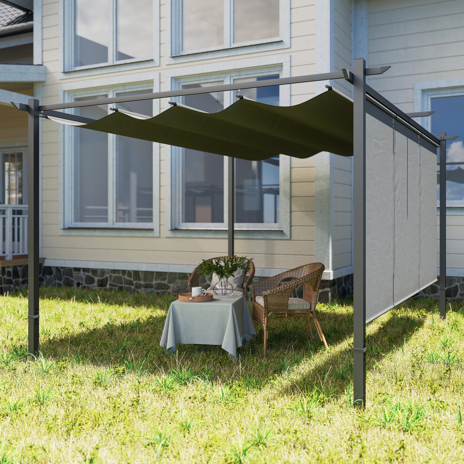 Outsunny Pérgola de Jardín 4x3 m con Techo Retráctil y 3 Laterales Enrollables, Cenador de Jardín Montado en Pared o Independiente, con UPF30+, Estructura Metálica, Pabellón para Exterior, Gris