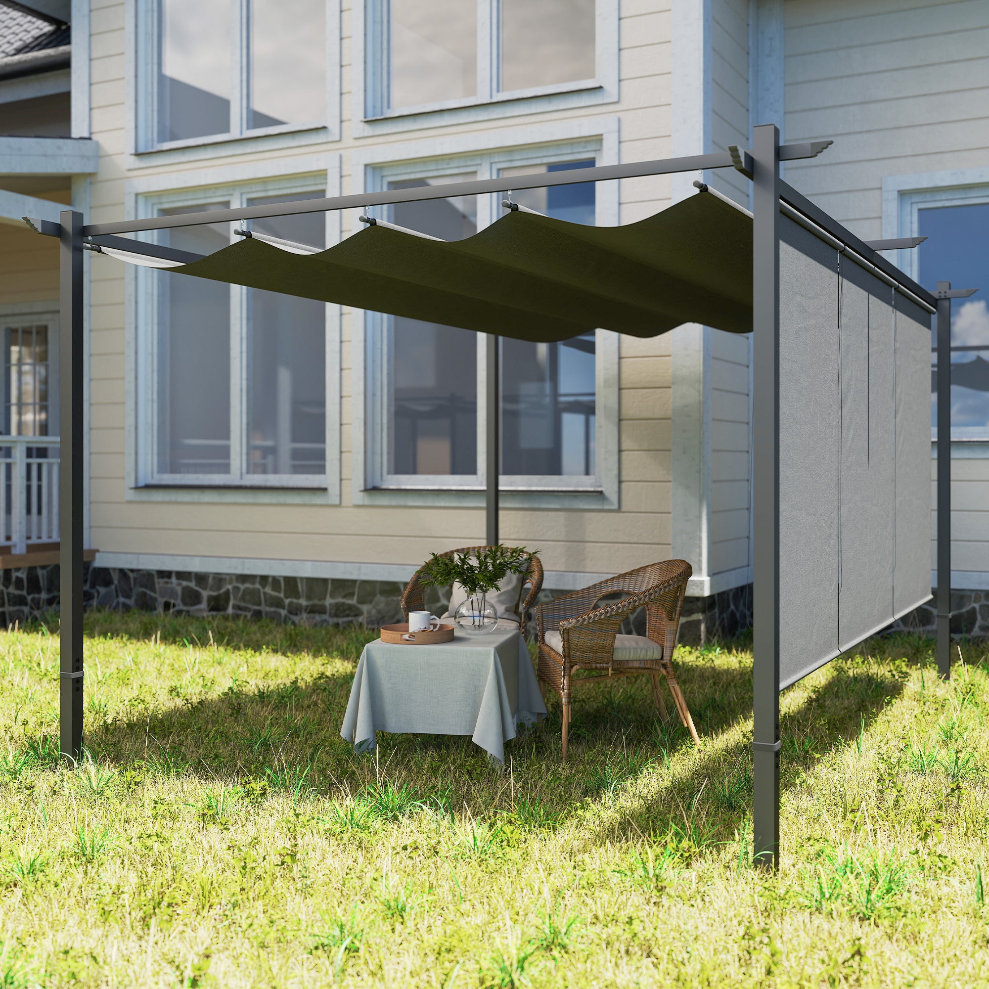 Outsunny Pérgola de Jardín 4x3 m con Techo Retráctil y 3 Laterales Enrollables, Cenador de Jardín Montado en Pared o Independiente, con UPF30+, Estructura Metálica, Pabellón para Exterior, Gris