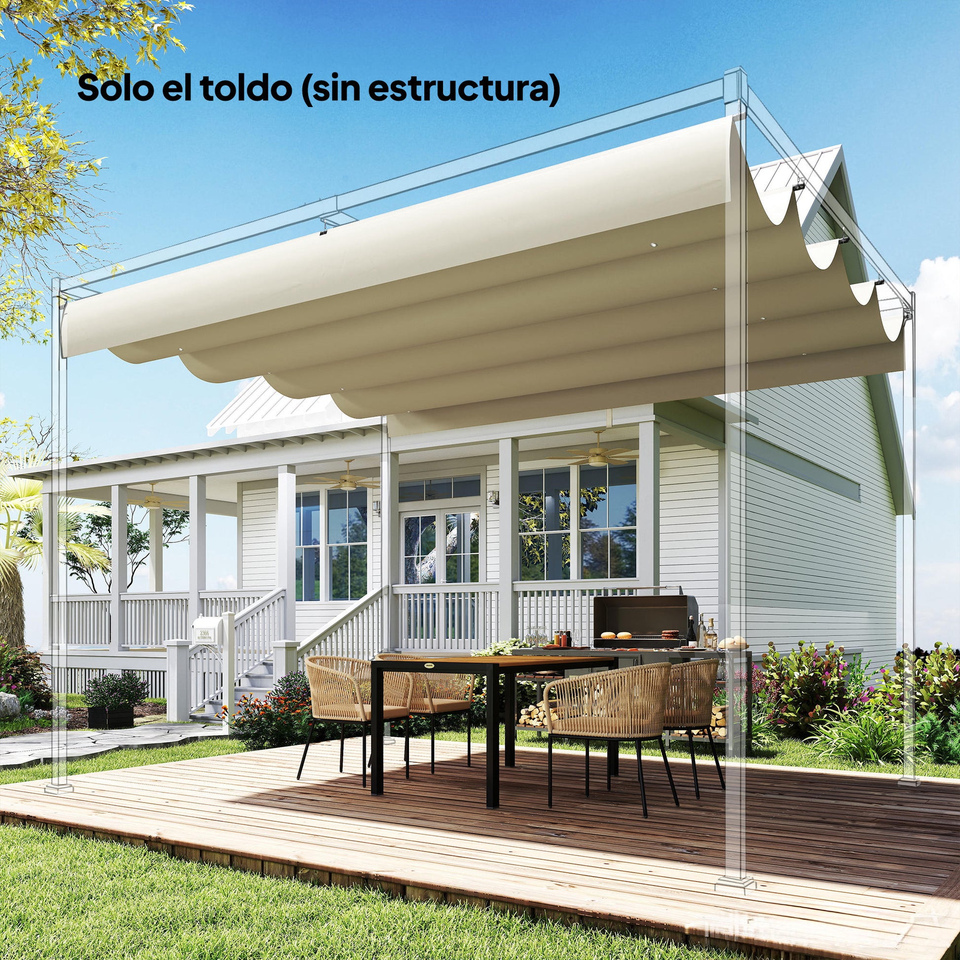 Outsunny Techo de Pérgola 4 x 3,5 m, Techo de Repuesto Retráctil para Marco de Pérgola de 4x3 m, UV30+, Toldo de Tela Solo para Cenador Jardín con 8 Orificios de Drenaje, Blanco Crema