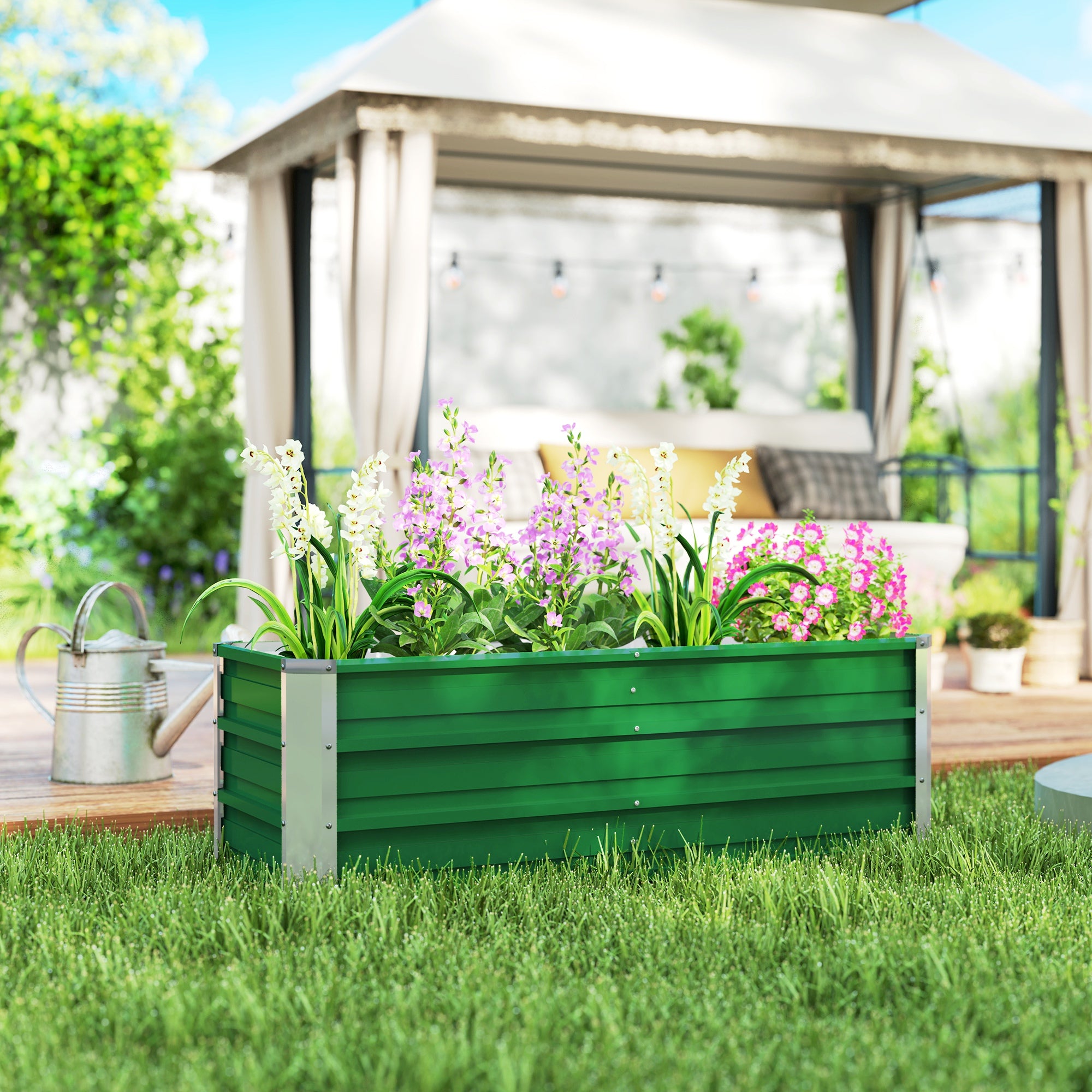 Outsunny Arriate de Jardín de Acero Incluye Guantes Huerto Urbano Jardinera Macetero Rectangular para Cultivos Plantas Flores para Terraza Balcón Exterior 125x47x40 cm Verde