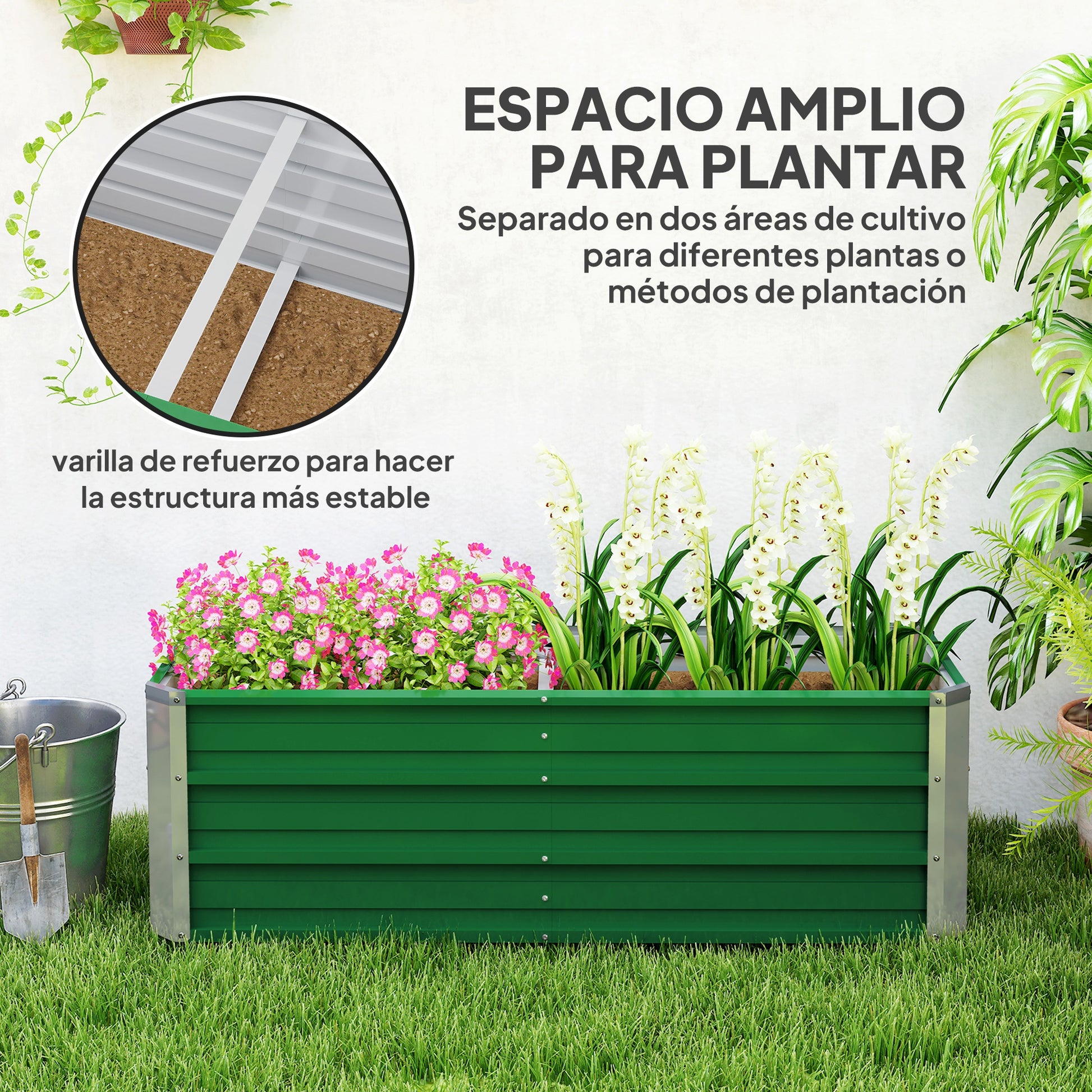 Outsunny Arriate de Jardín de Acero Incluye Guantes Huerto Urbano Jardinera Macetero Rectangular para Cultivos Plantas Flores para Terraza Balcón Exterior 125x47x40 cm Verde