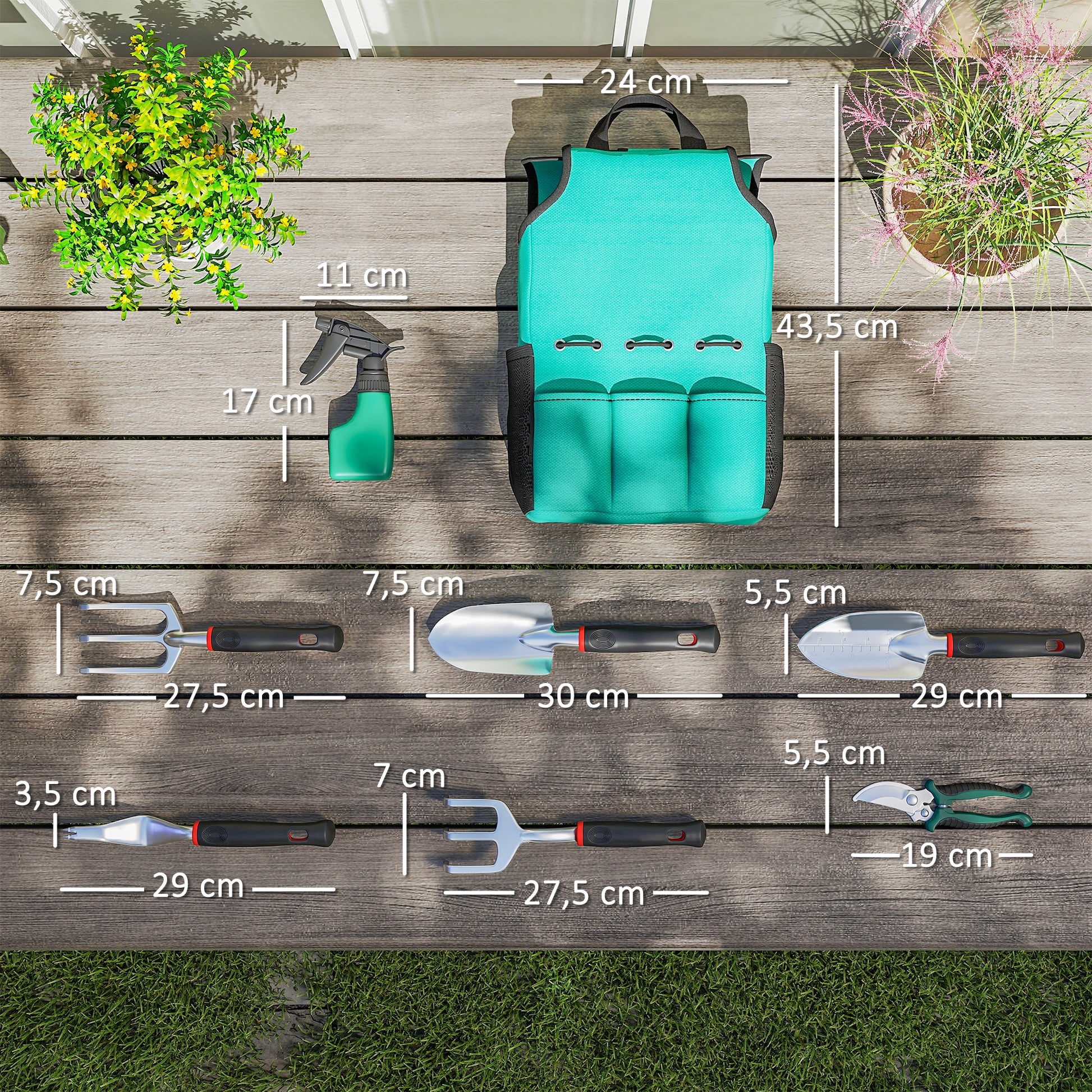 Outsunny Juego de Herramientas para Jardín de 9 Piezas Robusta Juego de Herramientas Jardinería de Aluminio con Tijeras de Podar con Bloqueo Seguro y Bolsa de Jardín Ligera para Mujeres y Hombres