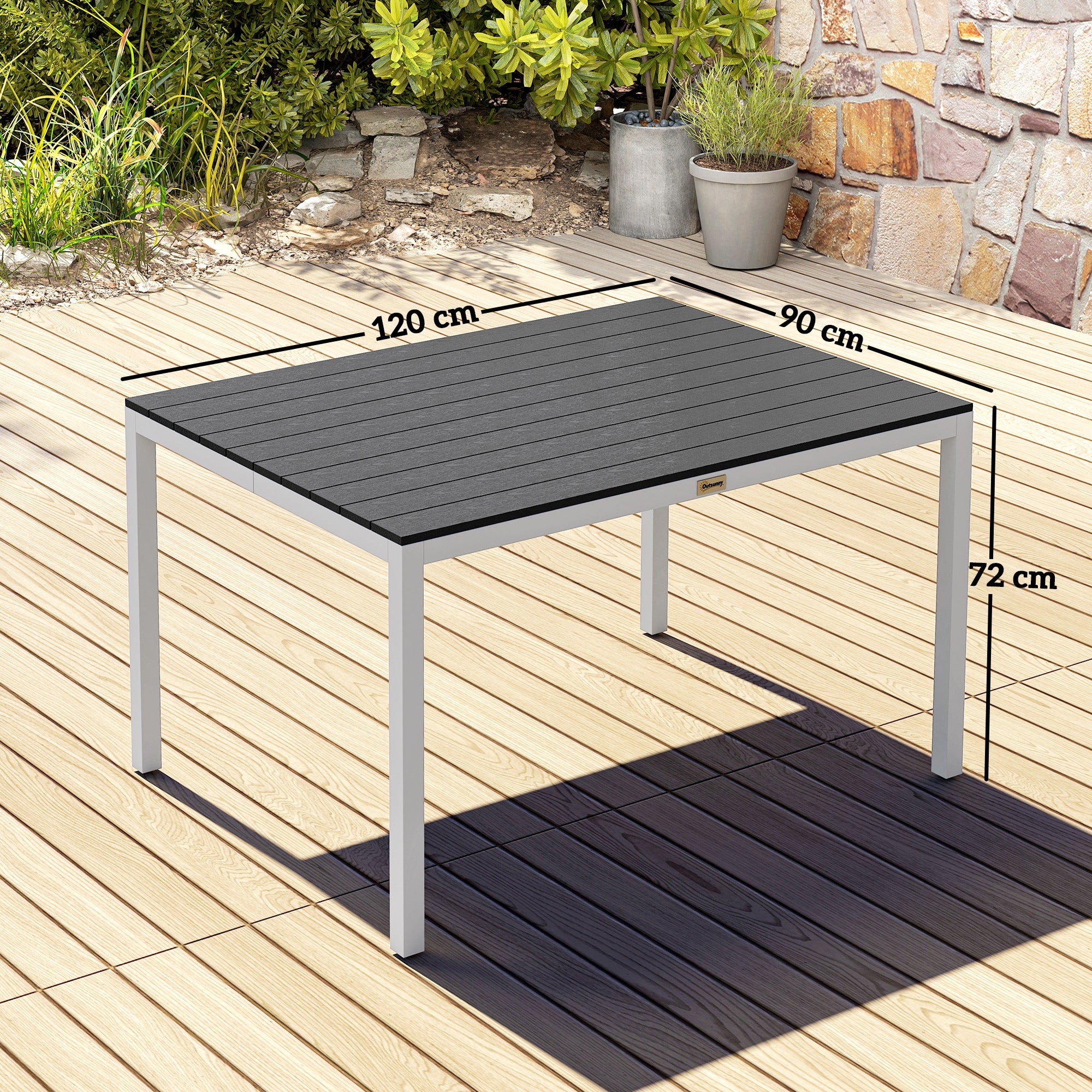 Outsunny Mesa de Comedor de Jardín Rectangular Mesa de Terraza Exterior 120x90x72 cm con Estructura de Aluminio Imitación Madera y Encimera de Listones Carga 50 kg para Patio Balcón Negro