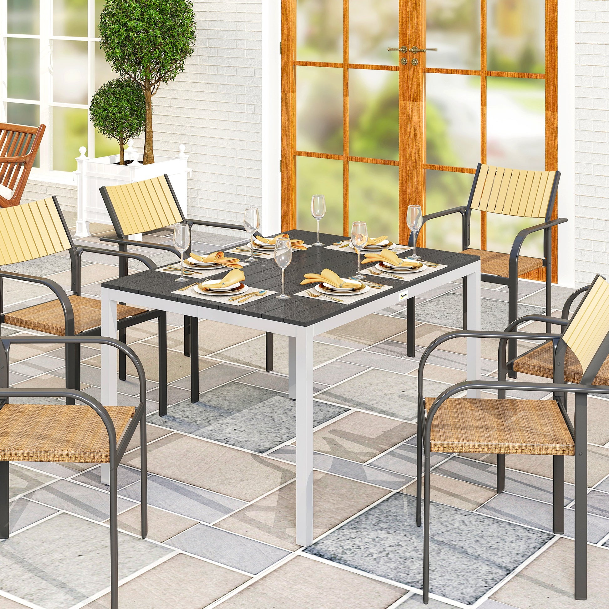 Outsunny Mesa de Comedor de Jardín Rectangular Mesa de Terraza Exterior 120x90x72 cm con Estructura de Aluminio Imitación Madera y Encimera de Listones Carga 50 kg para Patio Balcón Negro