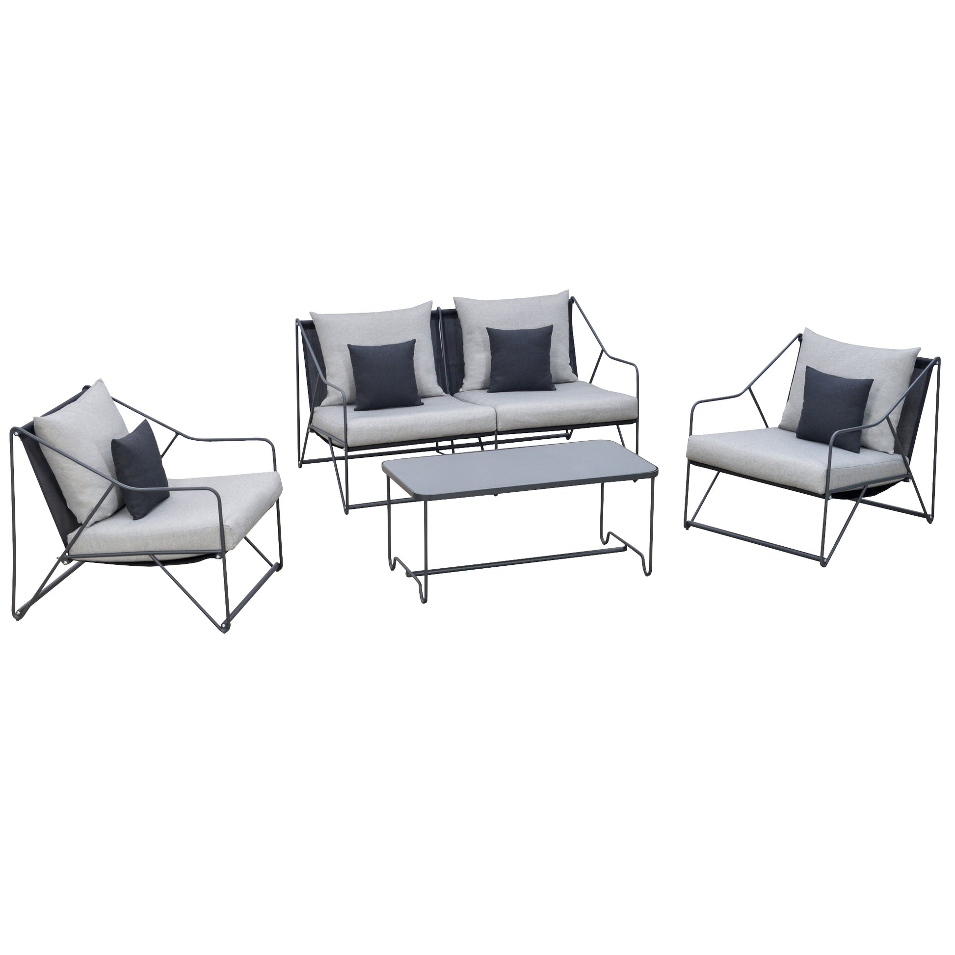 Outsunny Conjunto de Muebles de Jardín 4 Piezas Set de 1 Mesa 2 Sillones 1 Sofá con Cojines Decorativos para Terraza Patio Exterior Gris