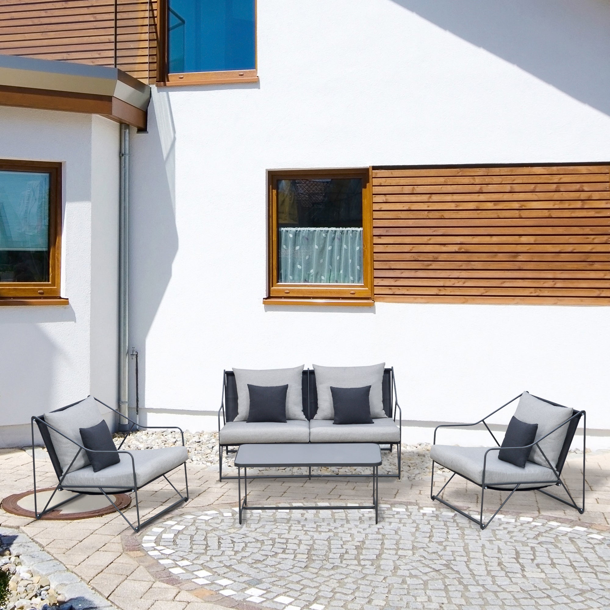 Outsunny Conjunto de Muebles de Jardín 4 Piezas Set de 1 Mesa 2 Sillones 1 Sofá con Cojines Decorativos para Terraza Patio Exterior Gris