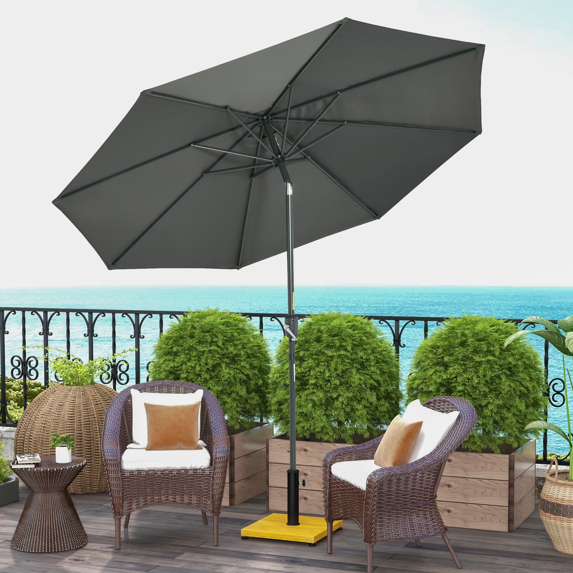 Outsunny Conjunto de Sombrilla Incluye 1 Sombrilla de Jardín de Aluminio Ø264x253 cm y 1 Base Cuadrada Relleno de Cemento Peso 25 kg Gris y Natural