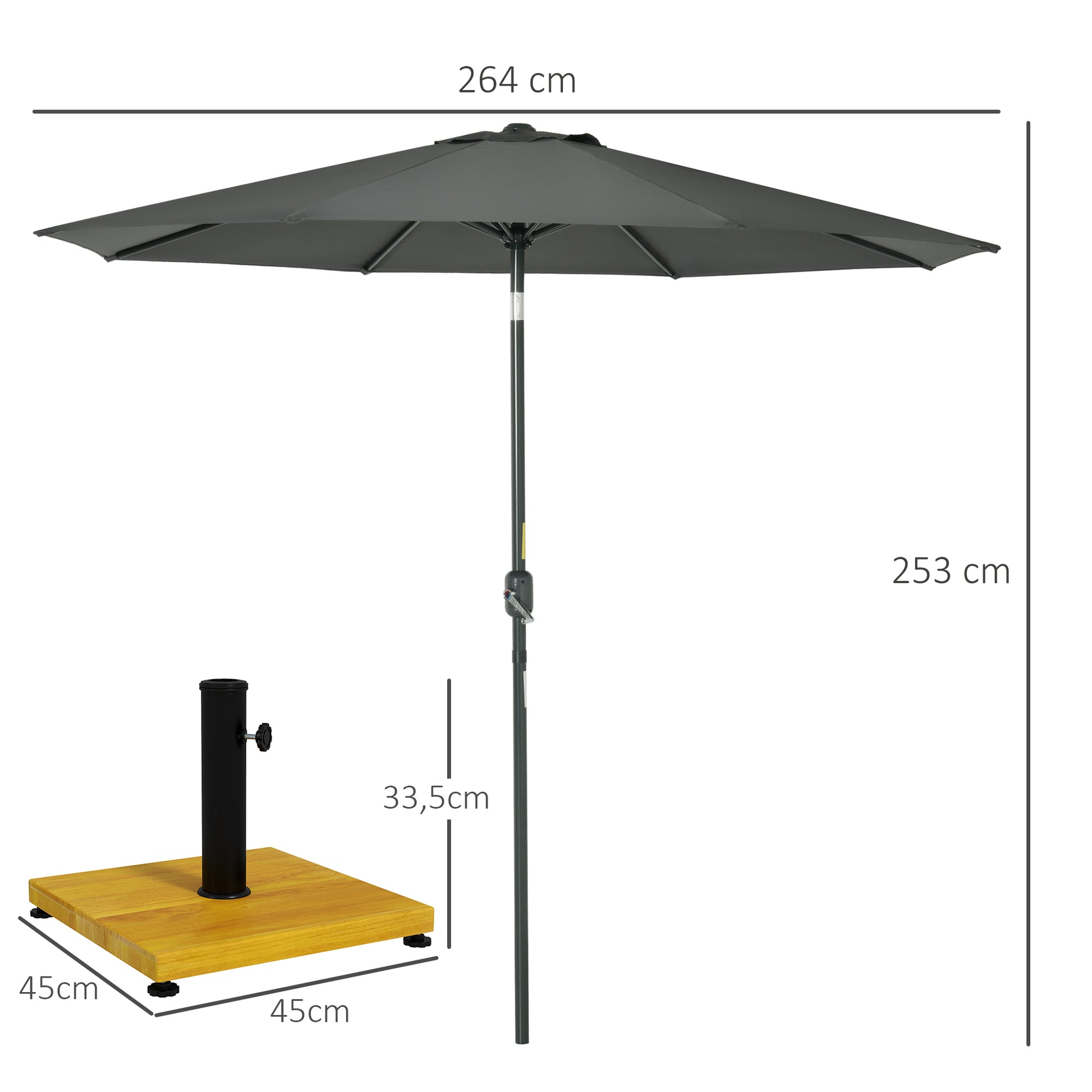 Outsunny Conjunto de Sombrilla Incluye 1 Sombrilla de Jardín de Aluminio Ø264x253 cm y 1 Base Cuadrada Relleno de Cemento Peso 25 kg Gris y Natural